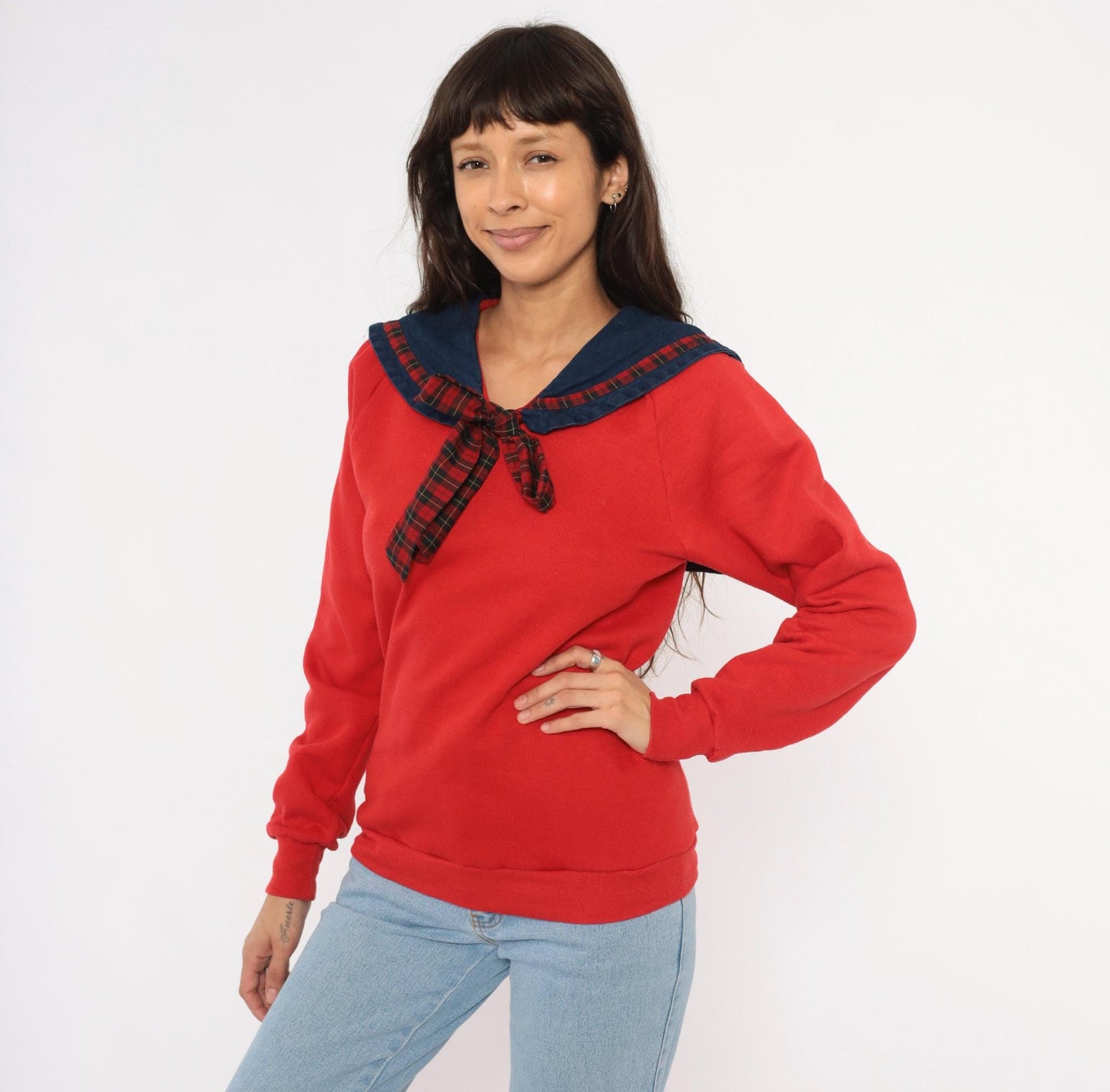 90s Jerzees Sailor Collar Sweatshirt Red Plaid Bow Denim Bib Medium M