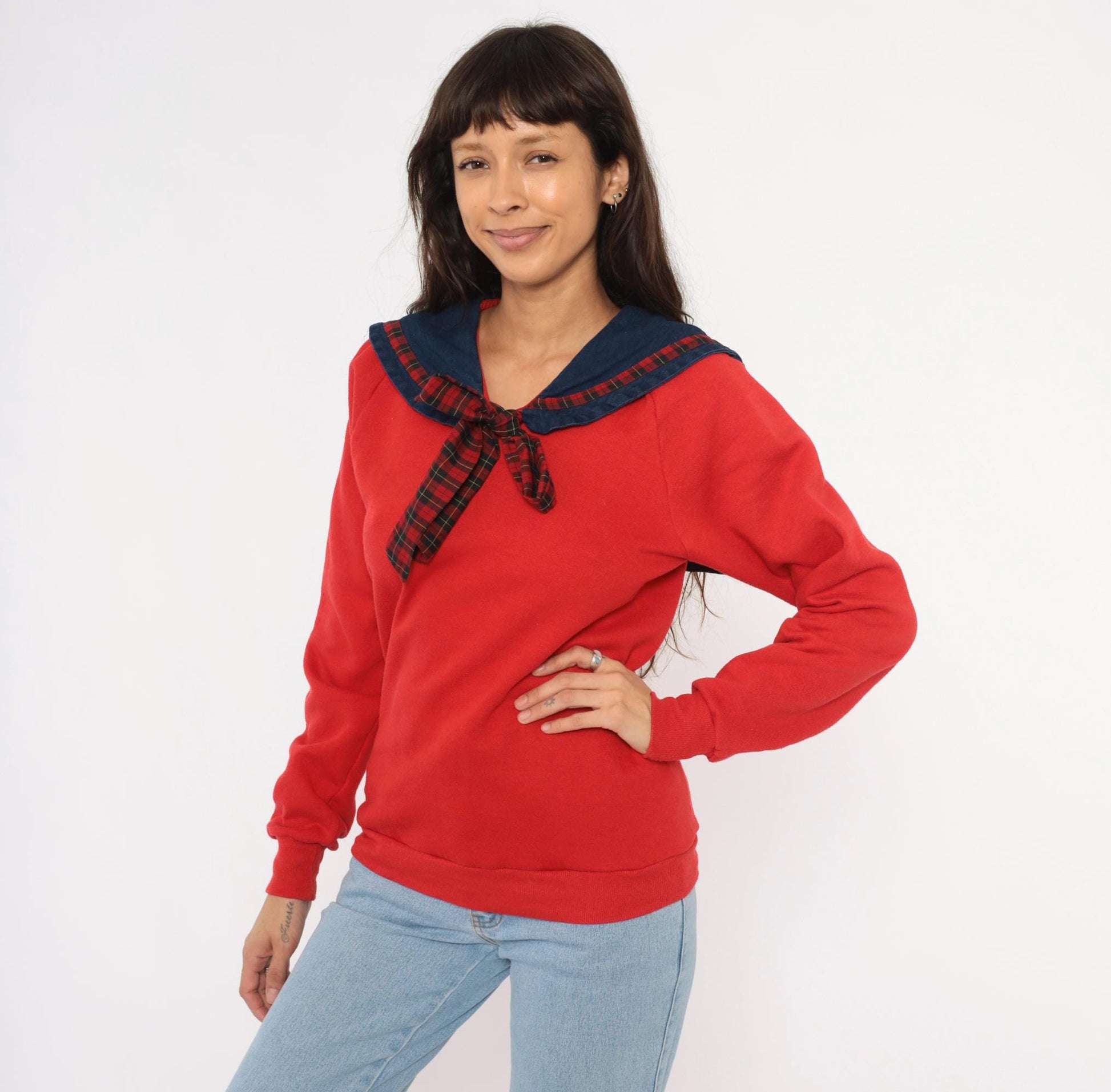 90s Jerzees Sailor Collar Sweatshirt Red Plaid Bow Denim Bib Medium M