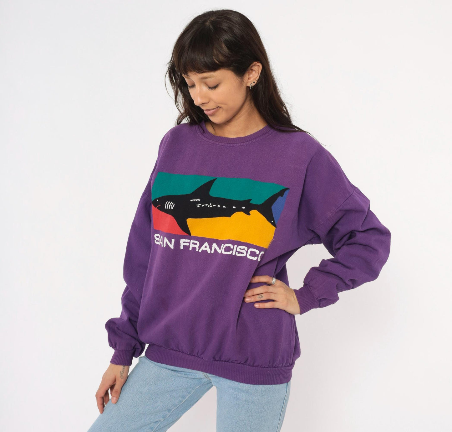 90s Crazy Shirt San Francisco Shark Colorblock Sweatshirt Purple Medium