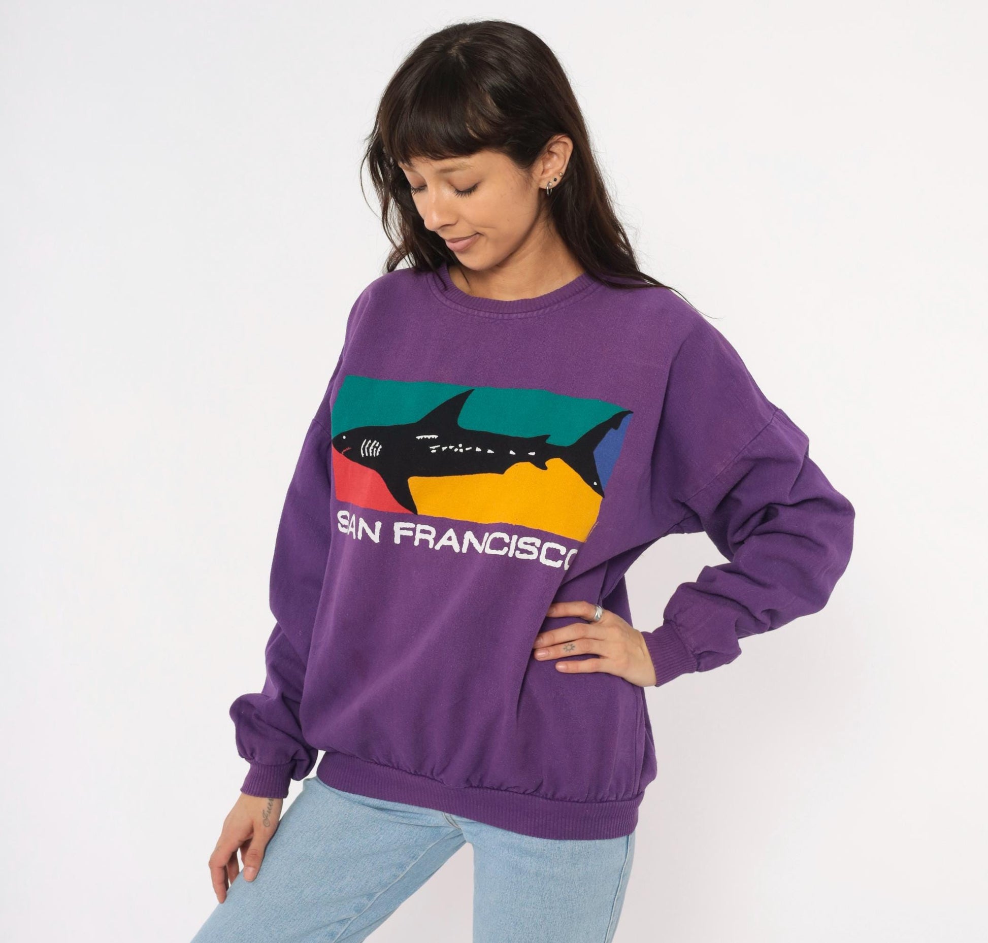 90s Crazy Shirt San Francisco Shark Colorblock Sweatshirt Purple Medium
