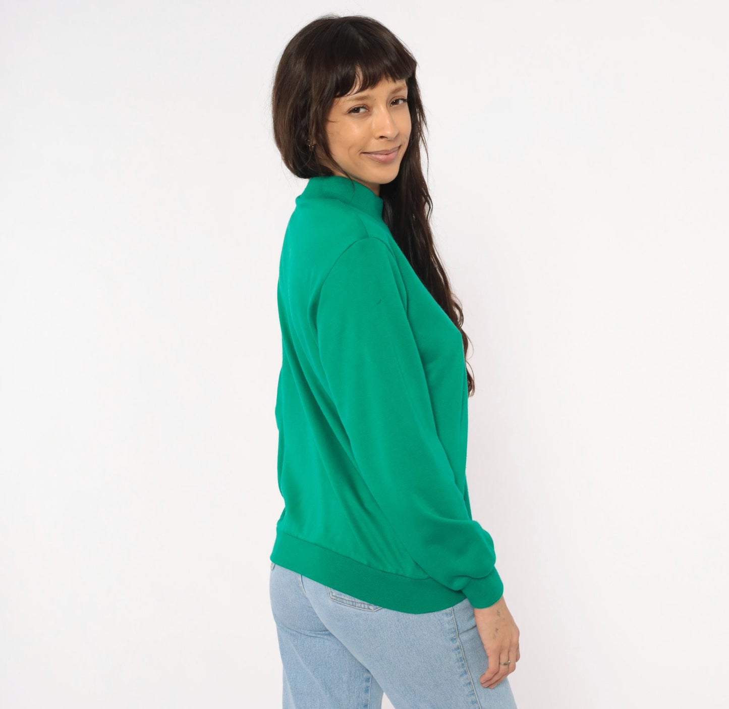 80s Alfred Dunner Mock Neck Sweatshirt Green Houndstooth Plaid Panel Small