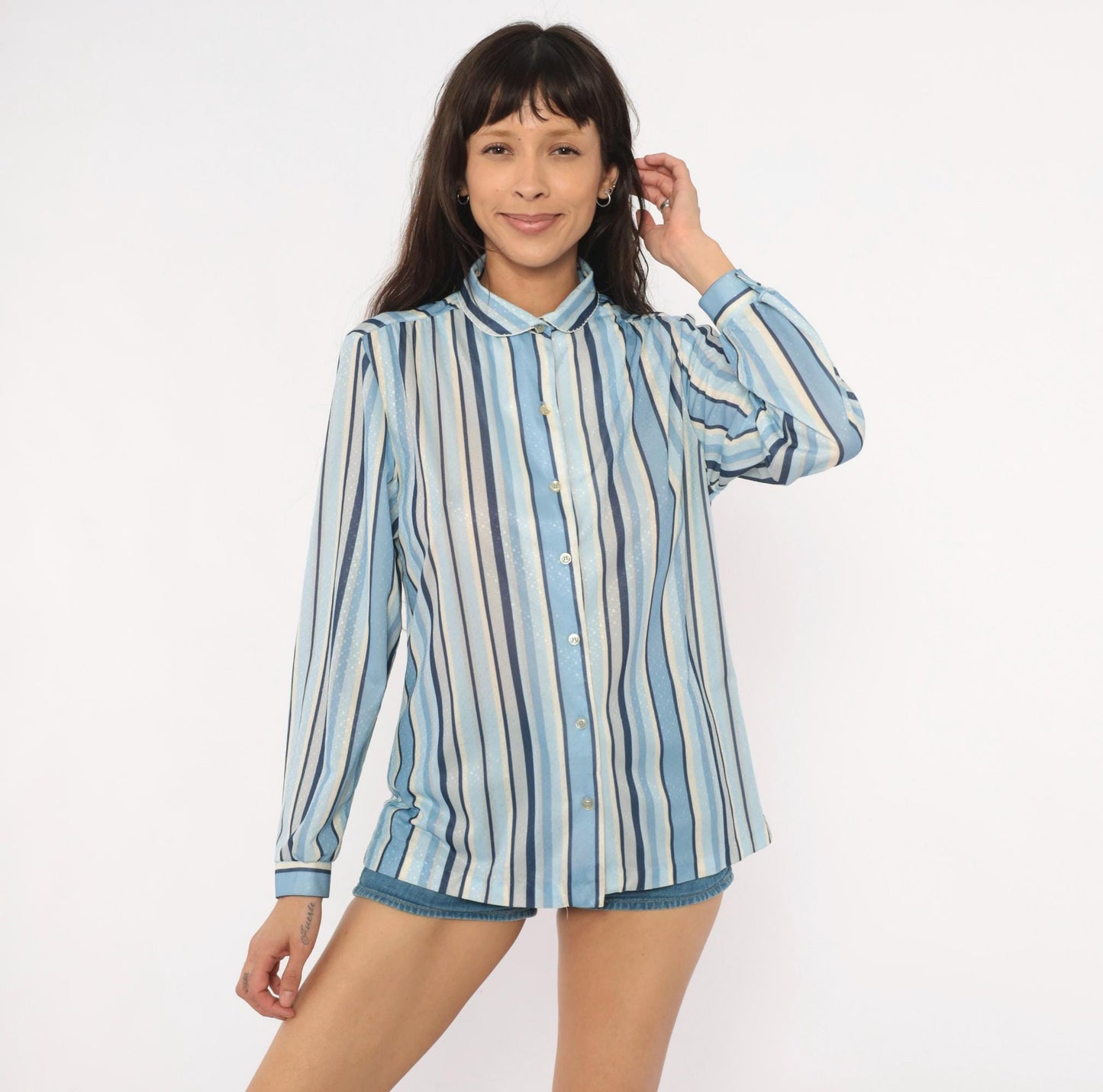 70s Queen Casuals Striped Button Blouse Peter Pan Collar Navy Cream Medium M