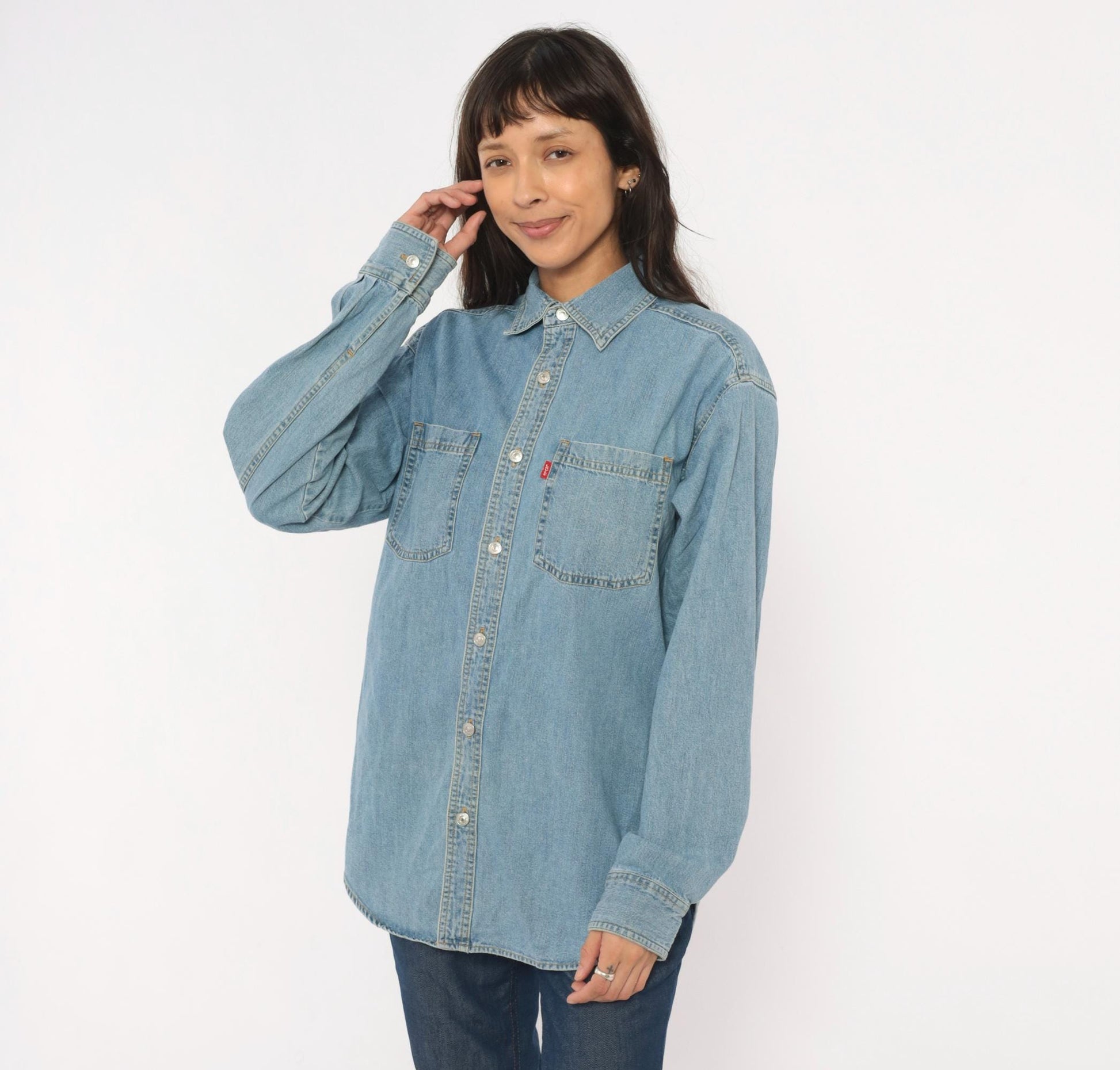 Levis Light Wash Denim Shirt Cotton Snap Button Small S