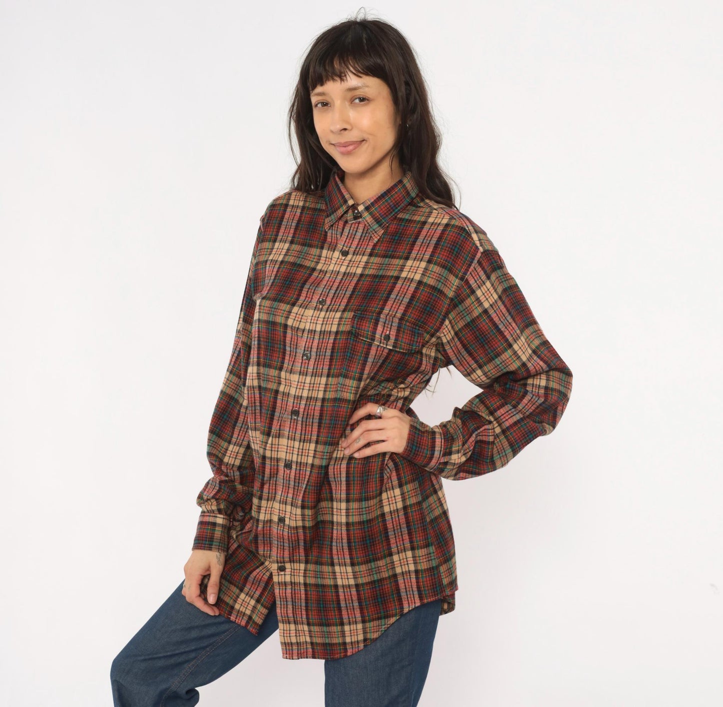 90s Enro Sportswear Plaid Flannel Shirt Burgundy Green Tartan Button-Up Large Tall