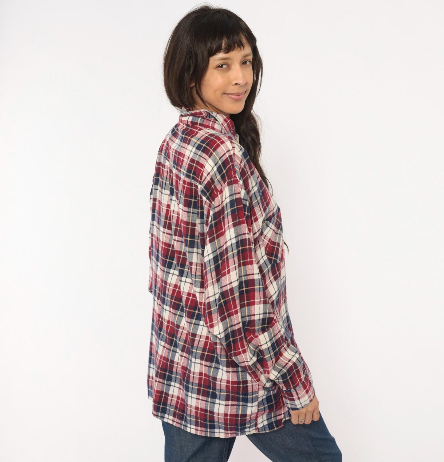90s Dickies Flannel Shirt Red Navy Cream Plaid Cotton XL