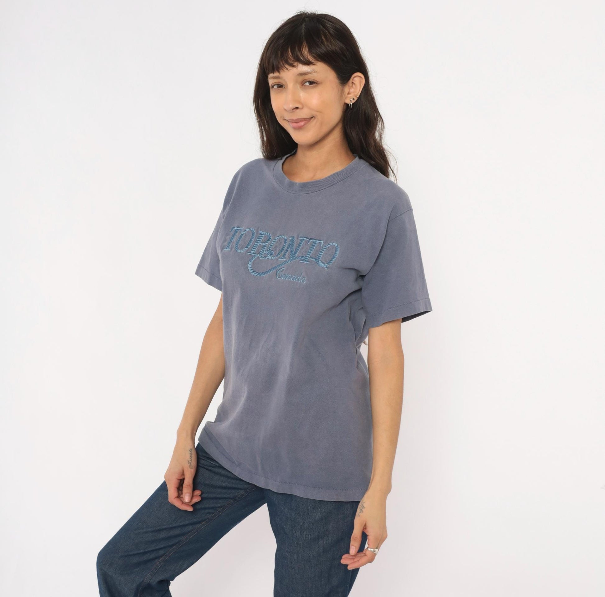 90s Toronto Canada Embroidered Tee Fruit of the Loom Slate Blue Grey Medium