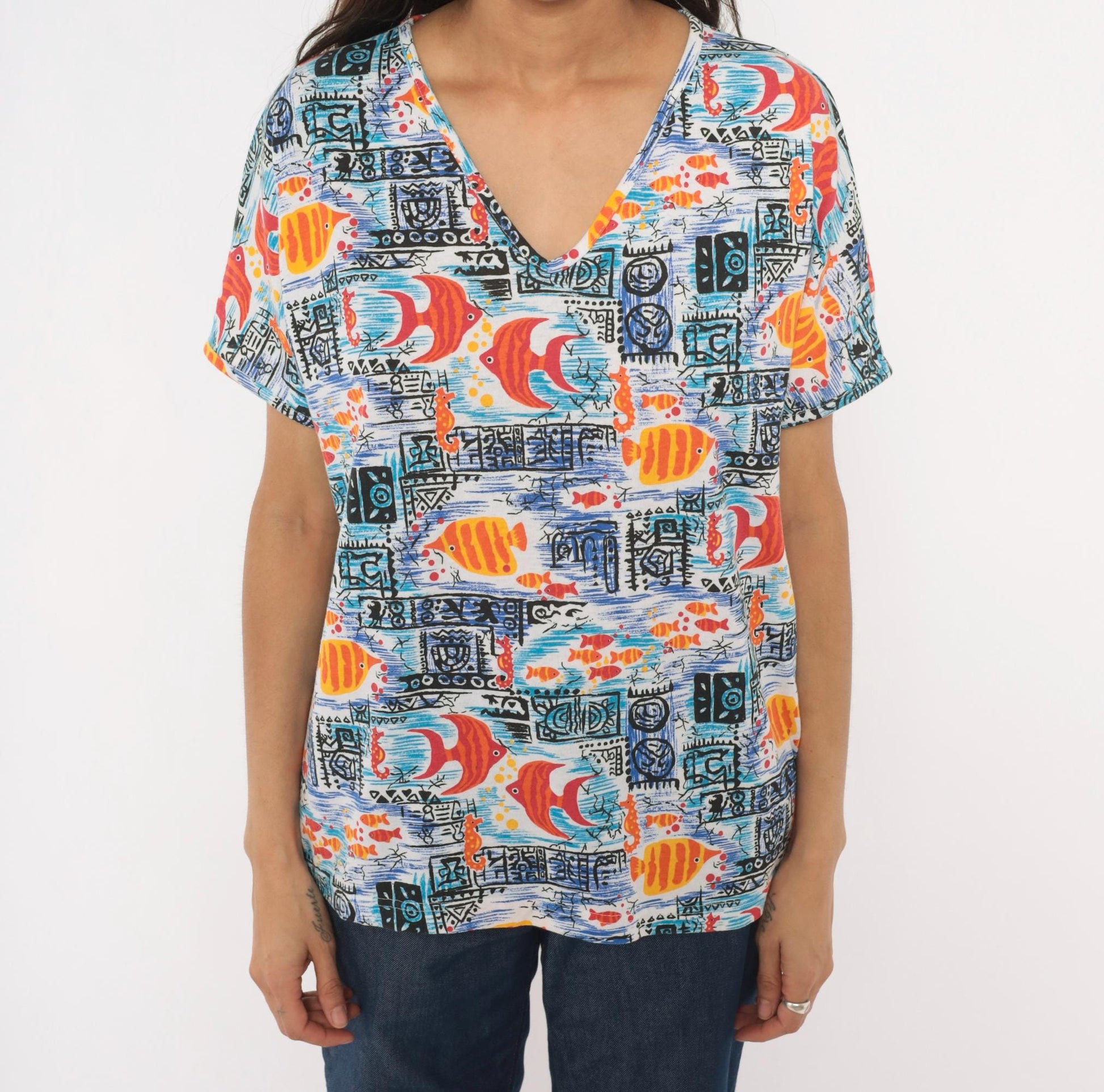 90s Barnett Tropical Fish Print Cotton Tee V-Neck Angelfish Seahorse Blue Orange Large L