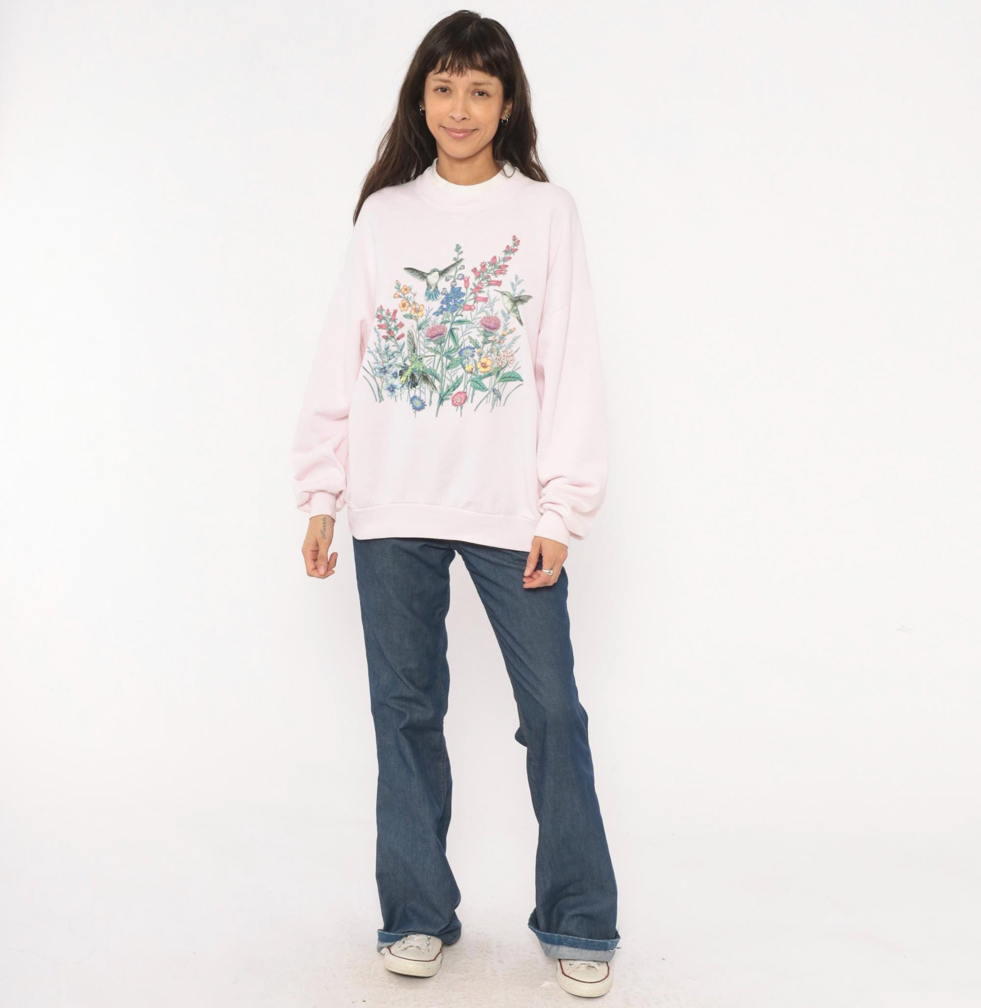 90s Jerzees Hummingbird Wildflower Sweatshirt Pink Crewneck Large L