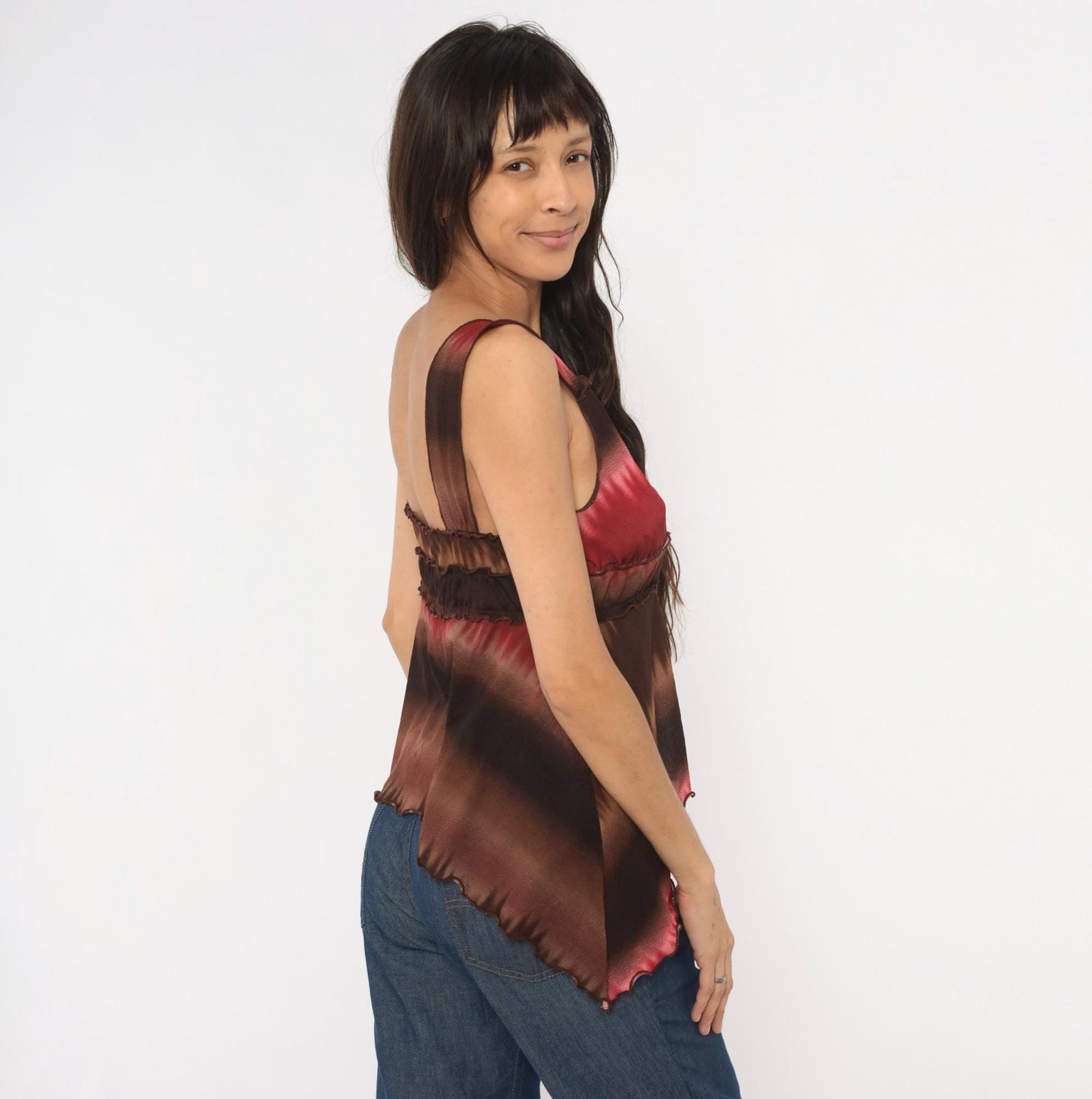 Y2K Ombre Cami Tank Brown Burgundy Gradient Wrap Bust V-Neck Medium Large