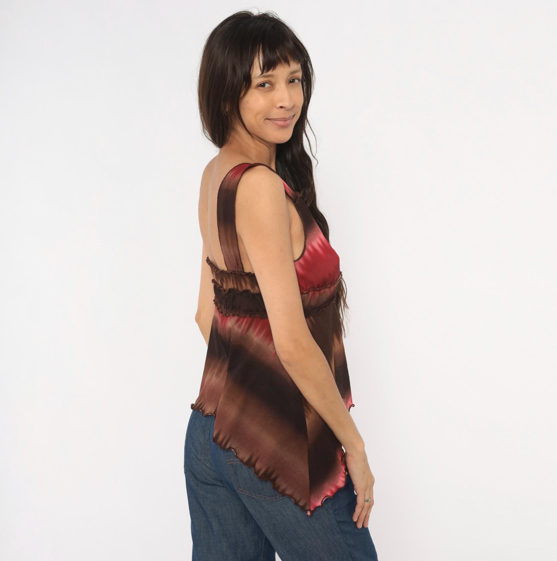 Y2K Ombre Cami Tank Brown Burgundy Gradient Wrap Bust V-Neck Medium Large