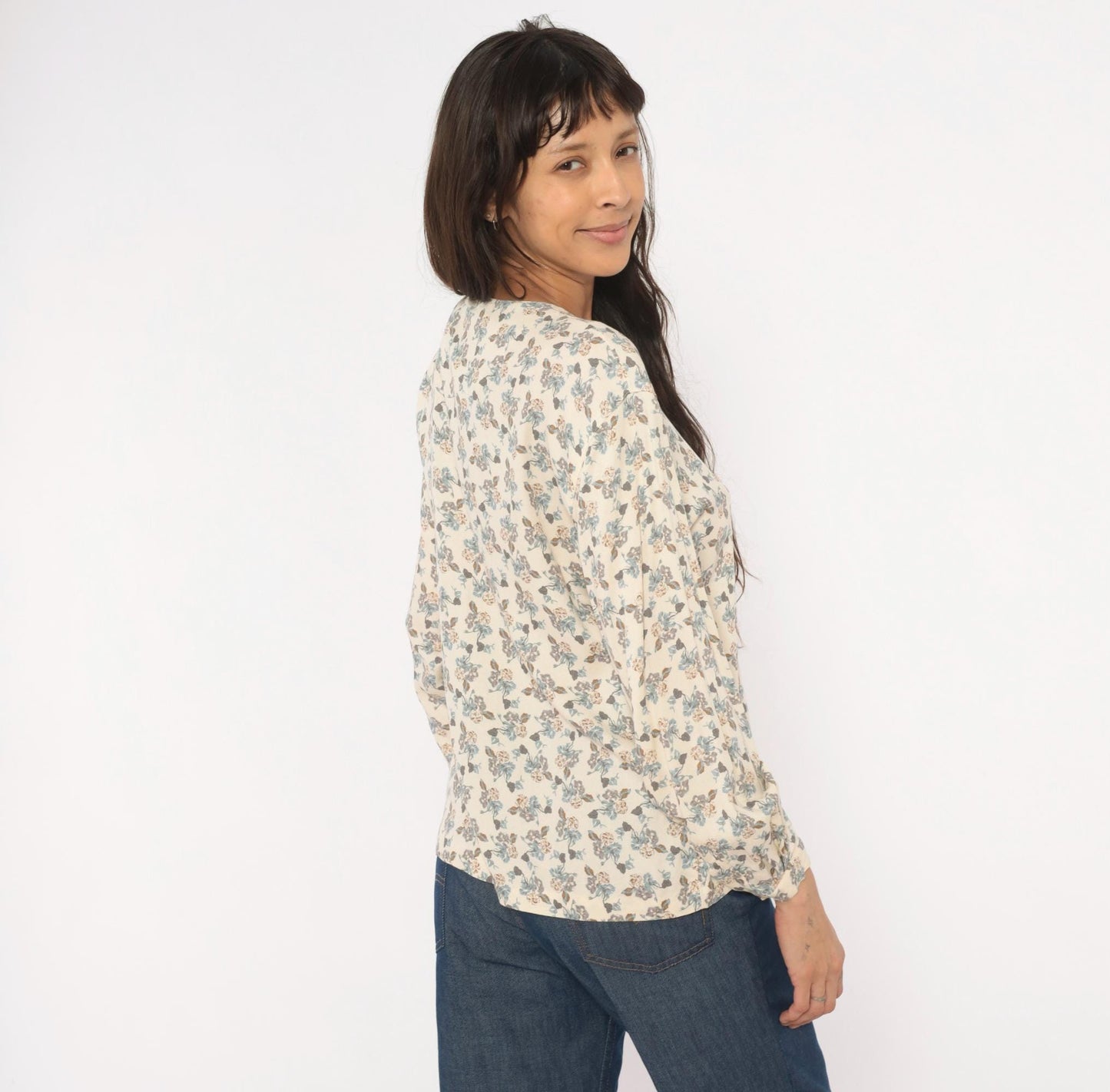 90s Josephine Chaus Floral Button Blouse Cream Puff Sleeve Collarless Medium M