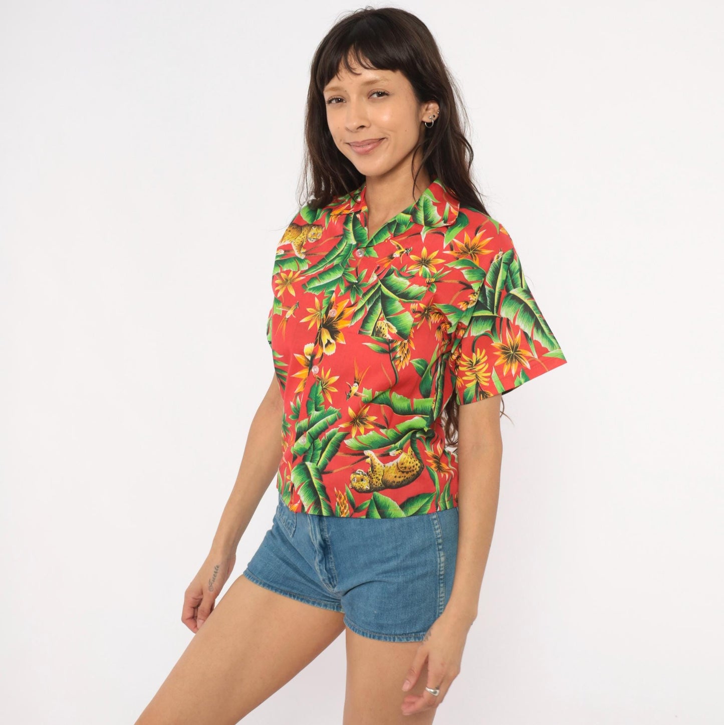 80s Jungle Leopard Hawaiian Shirt Red Tropical Cotton Rayon Camp Collar Extra Small XS