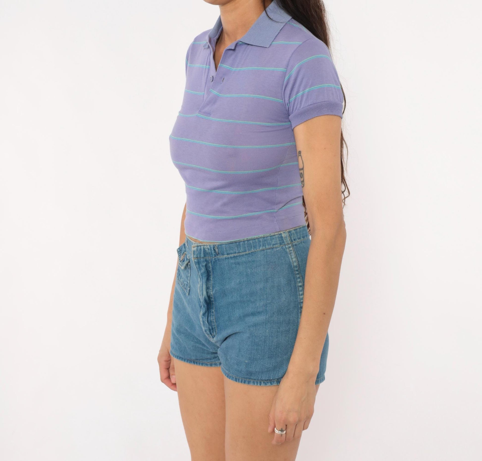 80s Compass Striped Polo Crop Top Lavender Cotton XXS