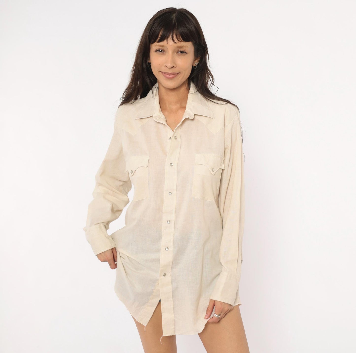 80s Karman Western Shirt Cream Pearl Snap Button Pointed Collar Mens Medium