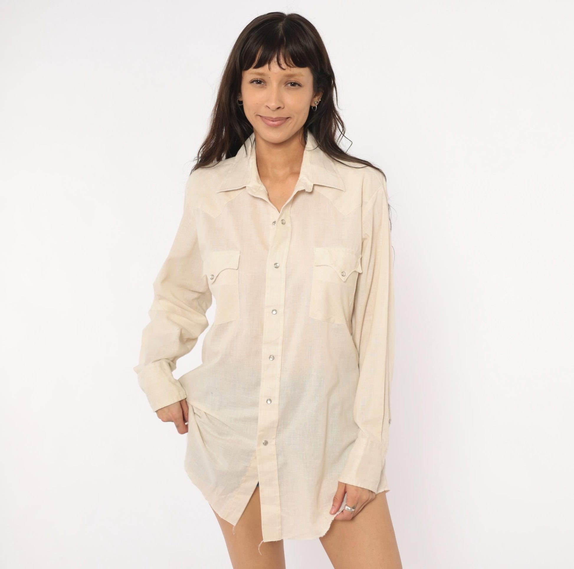 80s Karman Western Shirt Cream Pearl Snap Button Pointed Collar Mens Medium