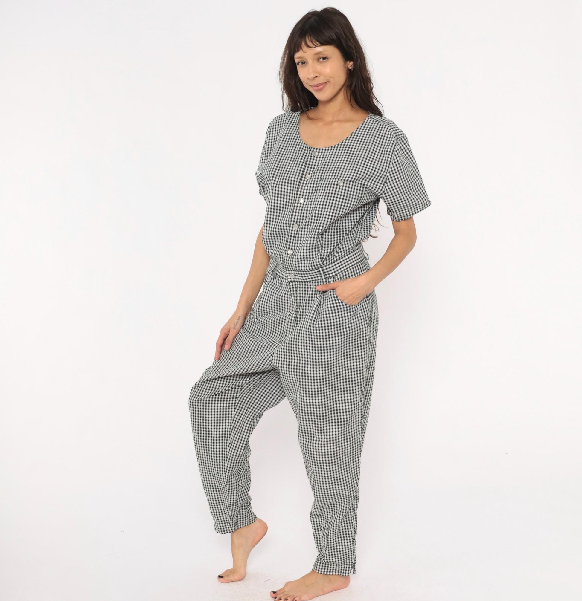 90s Lizwear Black White Gingham Cotton Jumpsuit Tapered Leg Large L