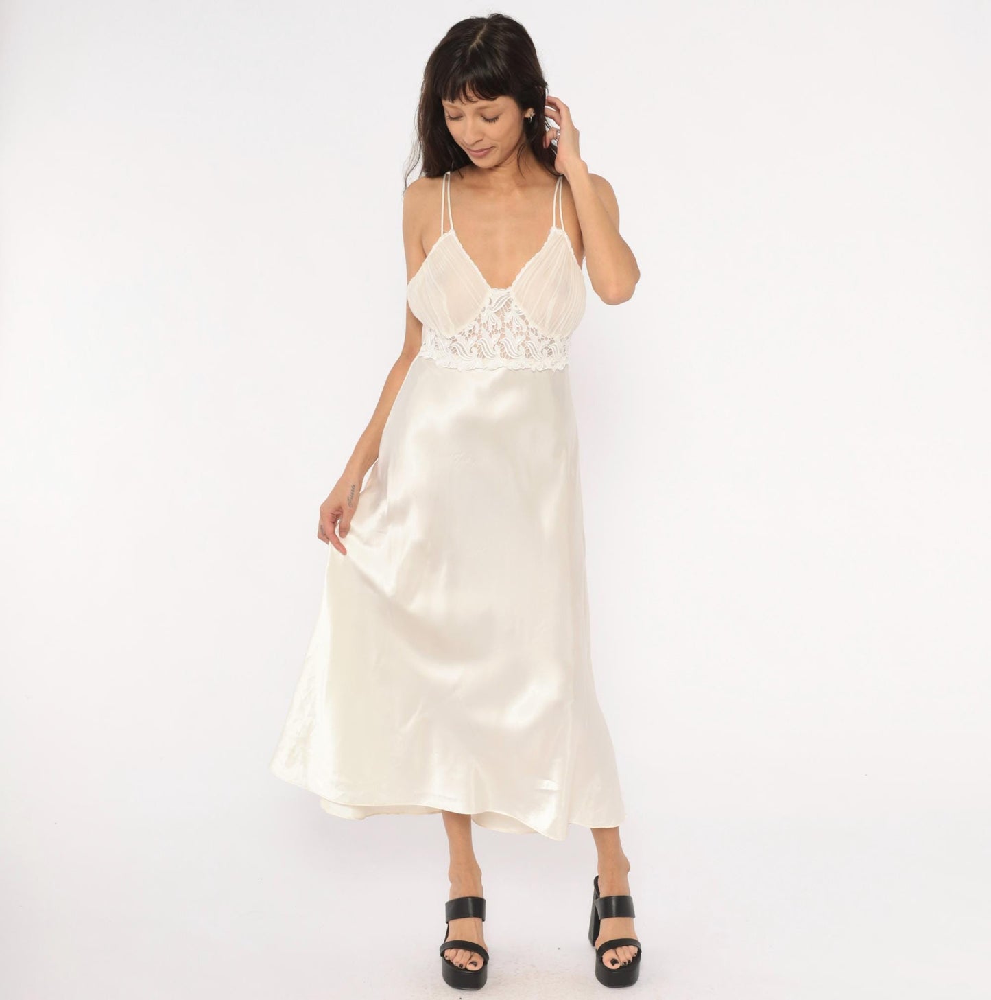 90s Just Flora Cream Satin Slip Dress Midi Lace Pleated Bust V Neck Large L