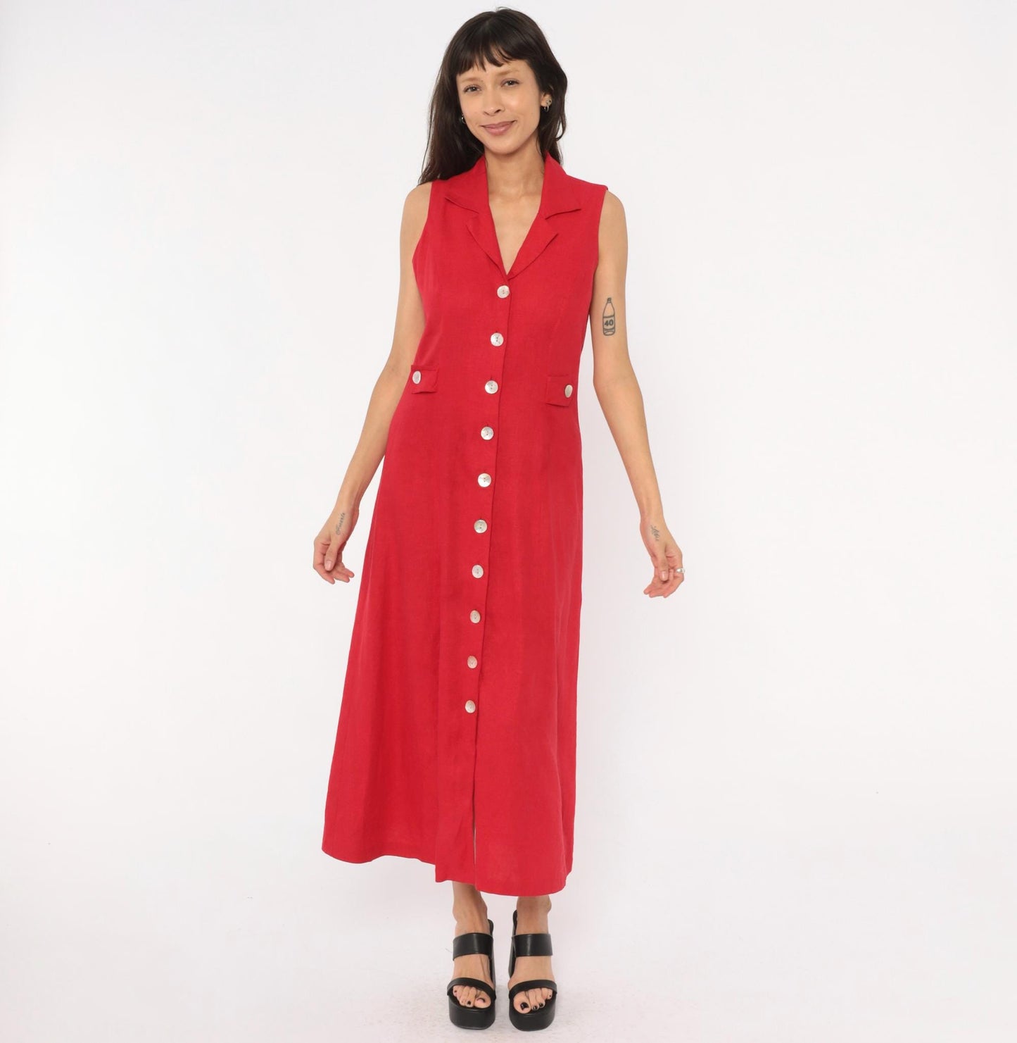90s Ultra Dress Red Linen Button-Front Maxi Shirtdress Small S