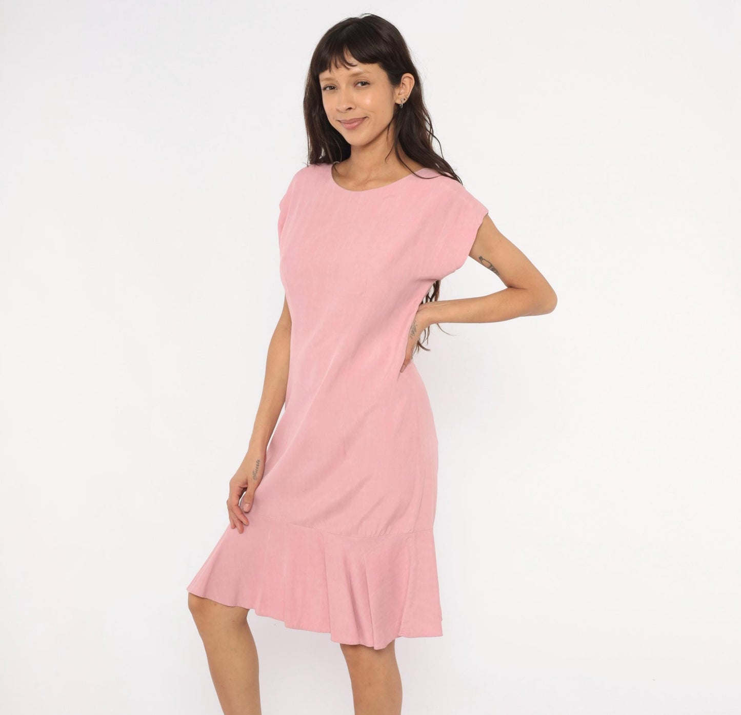 80s Damon Petite Dusty Rose Drop Waist Dress Cap Sleeve Knee Length Small S