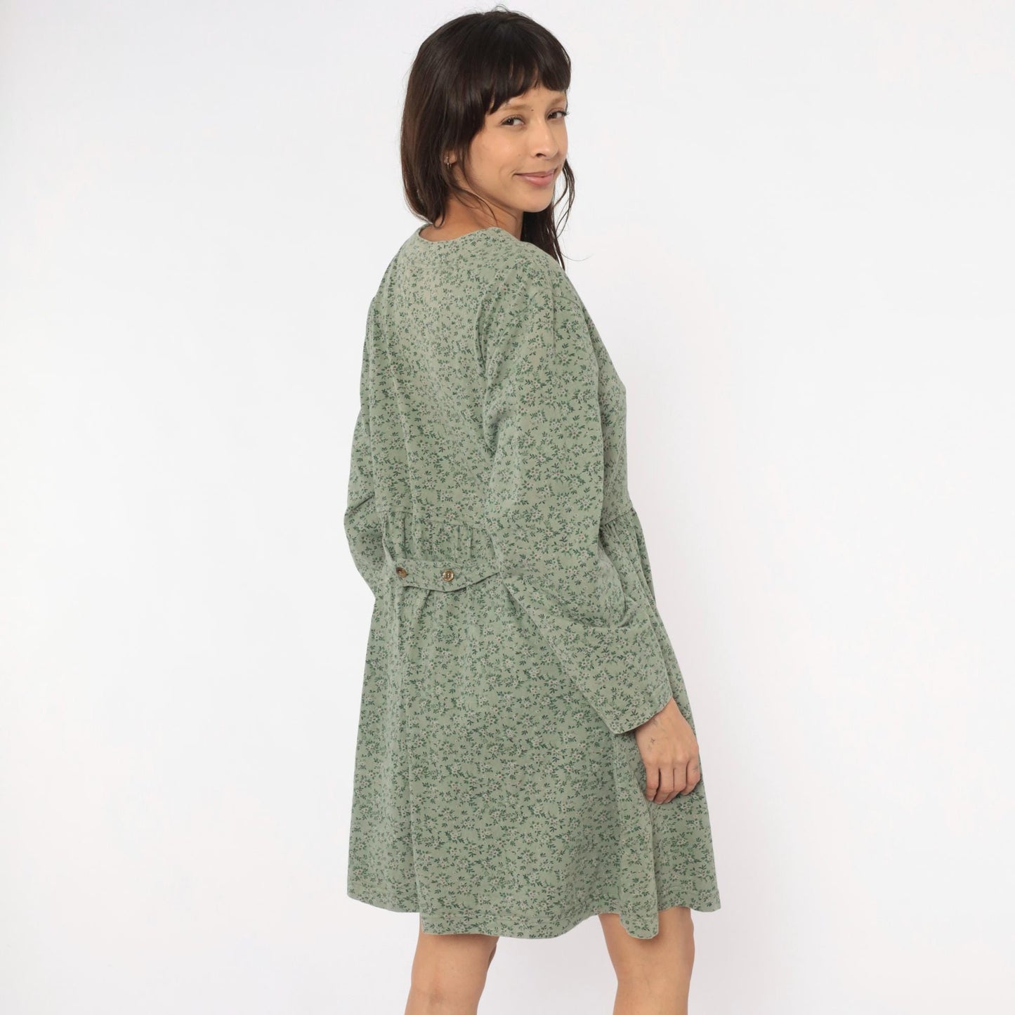 90s Sage Green Floral Button Front Dress Long Sleeve Cotton Prairie Gathered Waist Large L