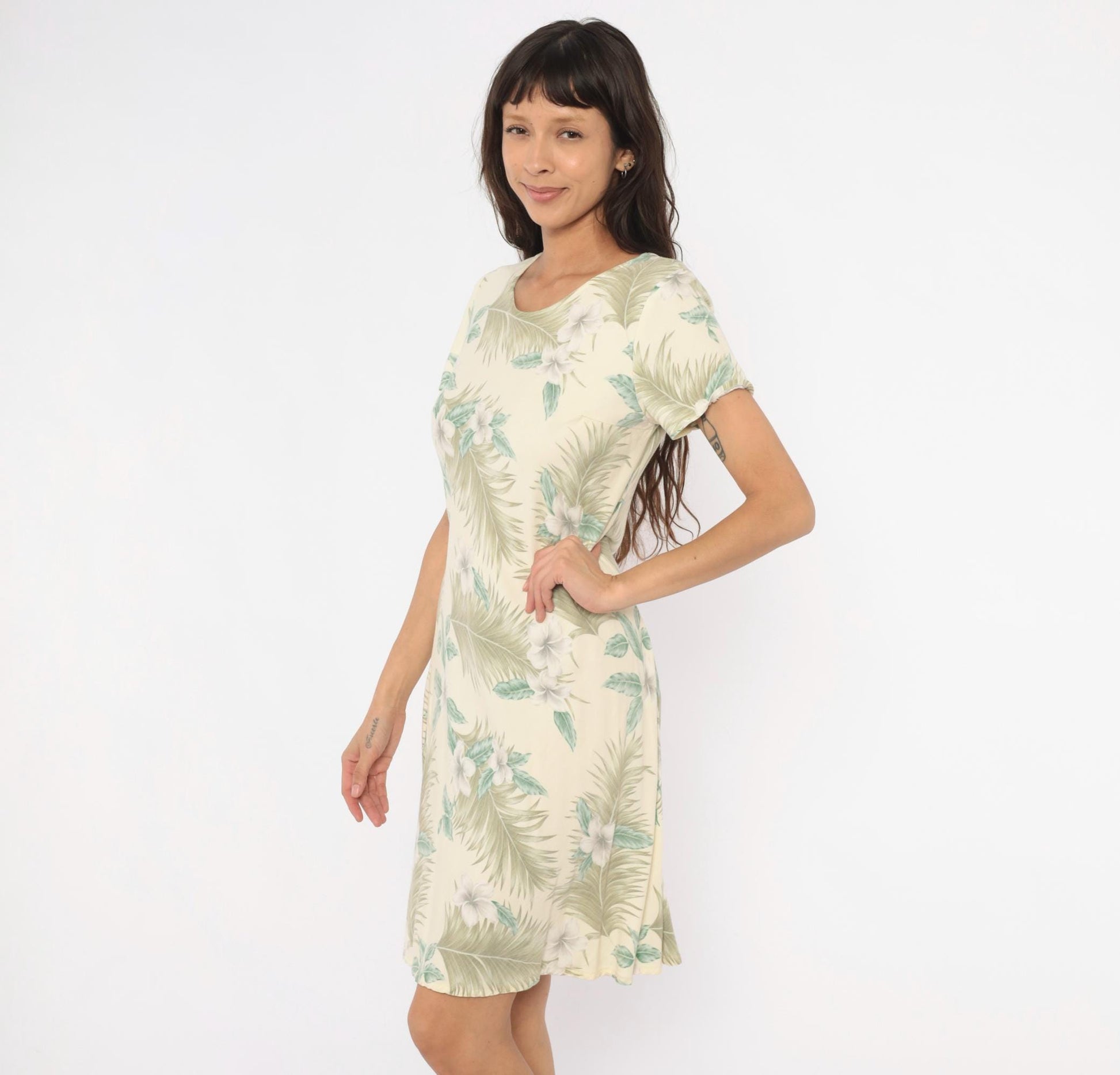 90s Hilo Hattie Hawaiian Dress Plumeria Palm Leaf Cream Olive Medium M
