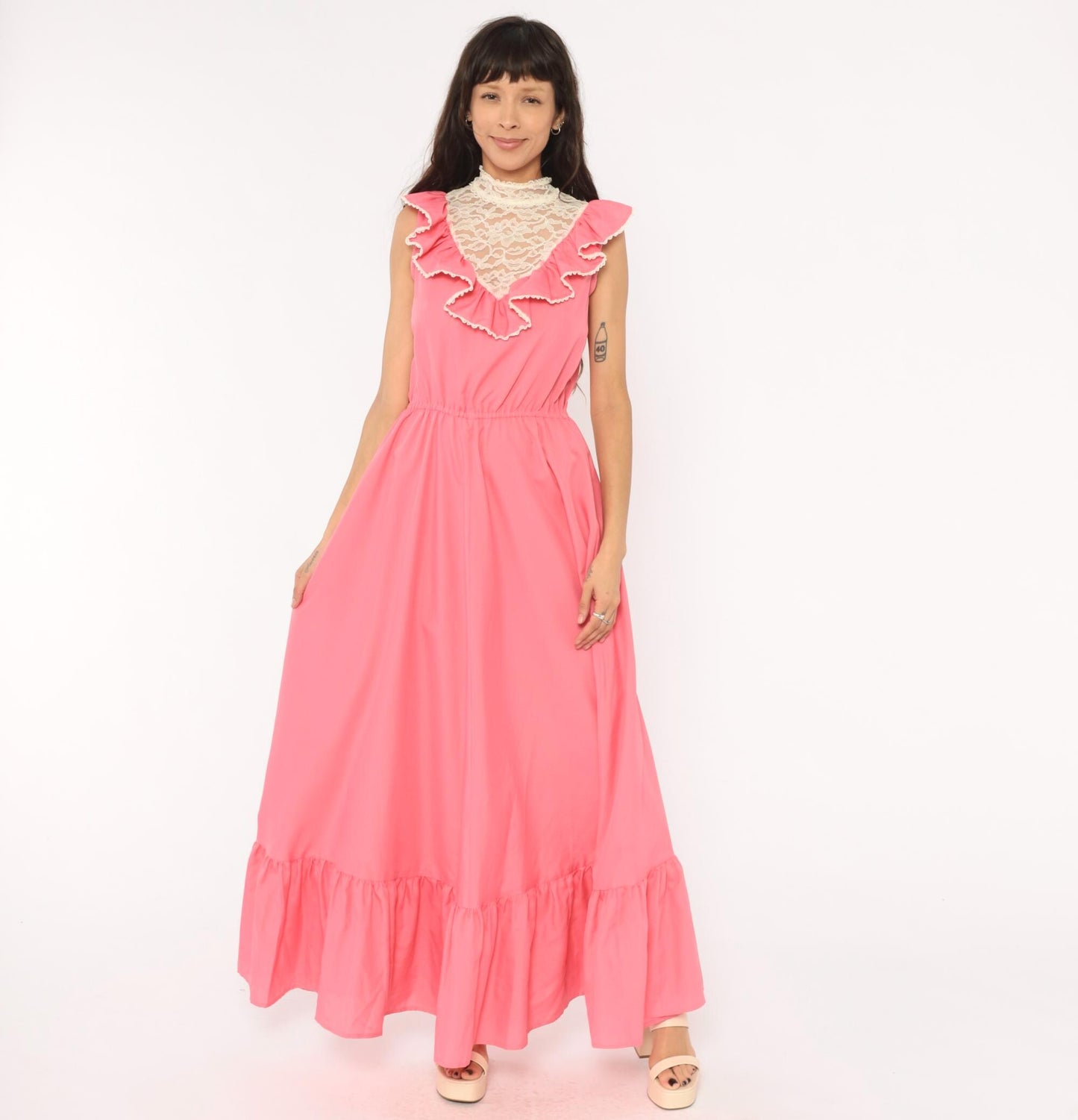 70s Pink Lace Bib Maxi Dress Ruffle Trim High Neck Floral Panel Medium
