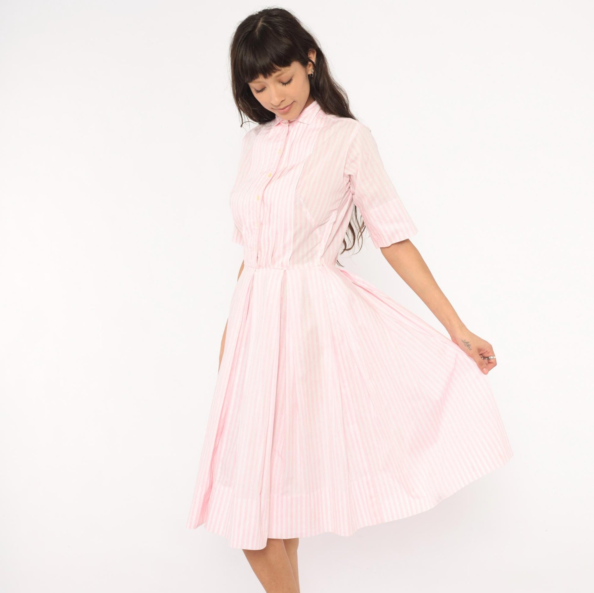 60s Pink White Striped Shirtdress Pleated Knee-Length Cotton Small