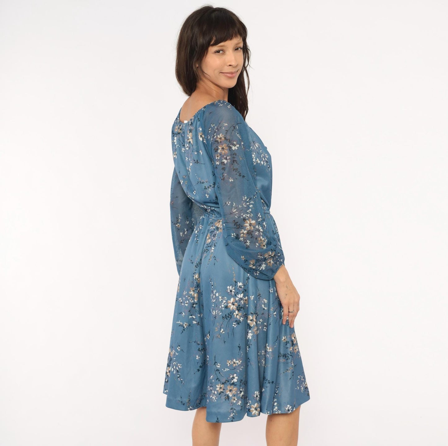 70s Steel Blue Wildflower Peasant Dress Bishop Sleeve Tie Front Knee Length Large L