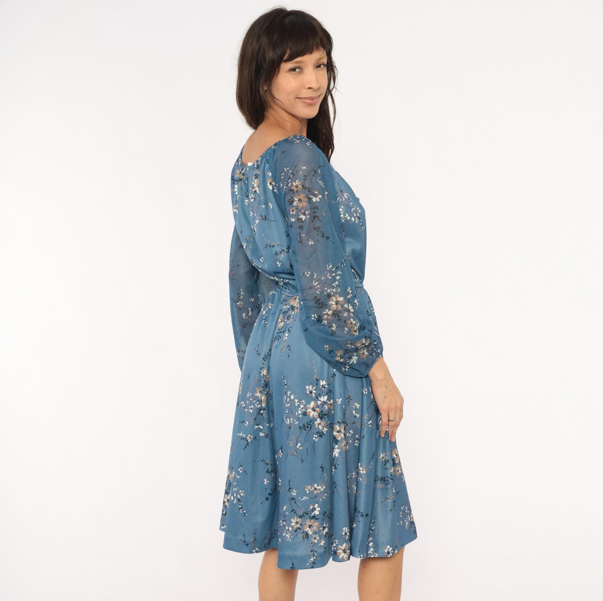 70s Steel Blue Wildflower Peasant Dress Bishop Sleeve Tie Front Knee Length Large L