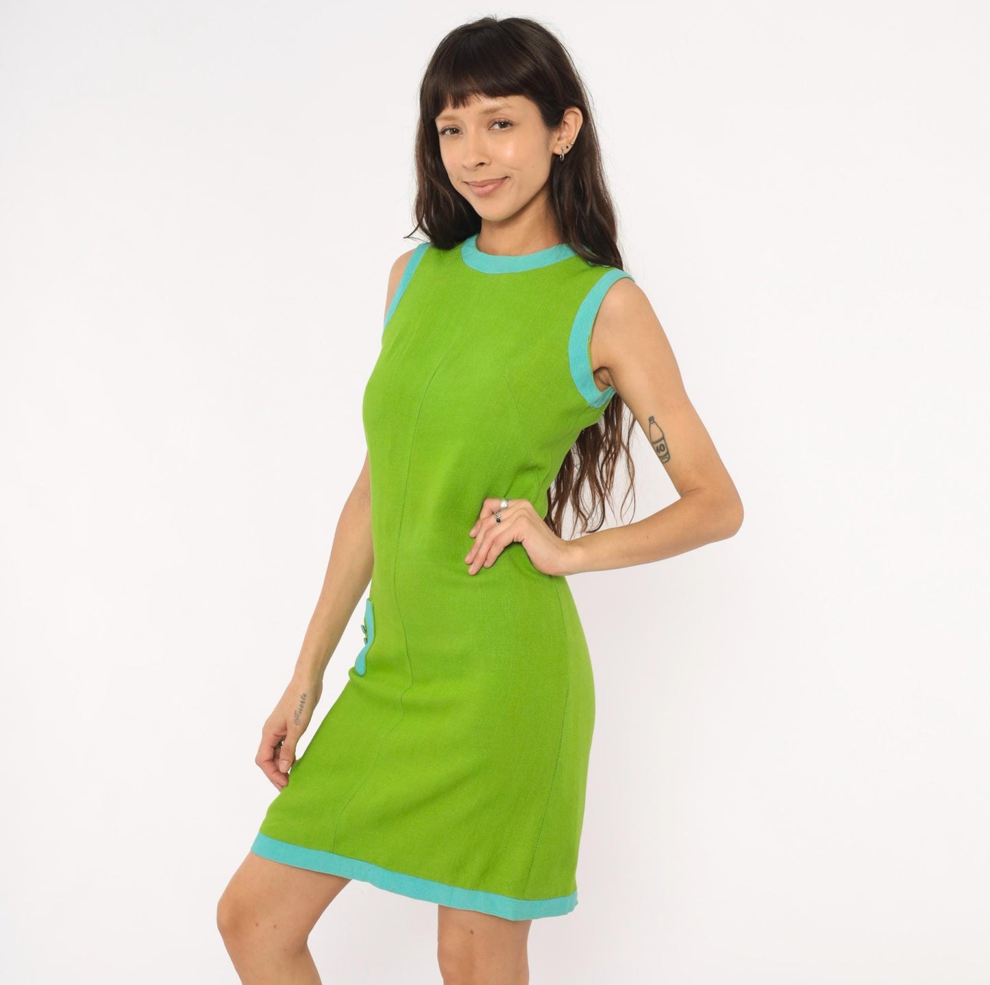 60s Mod Shift Dress Lime Green Aqua Trim Cotton Mini A-Line Extra Small XS
