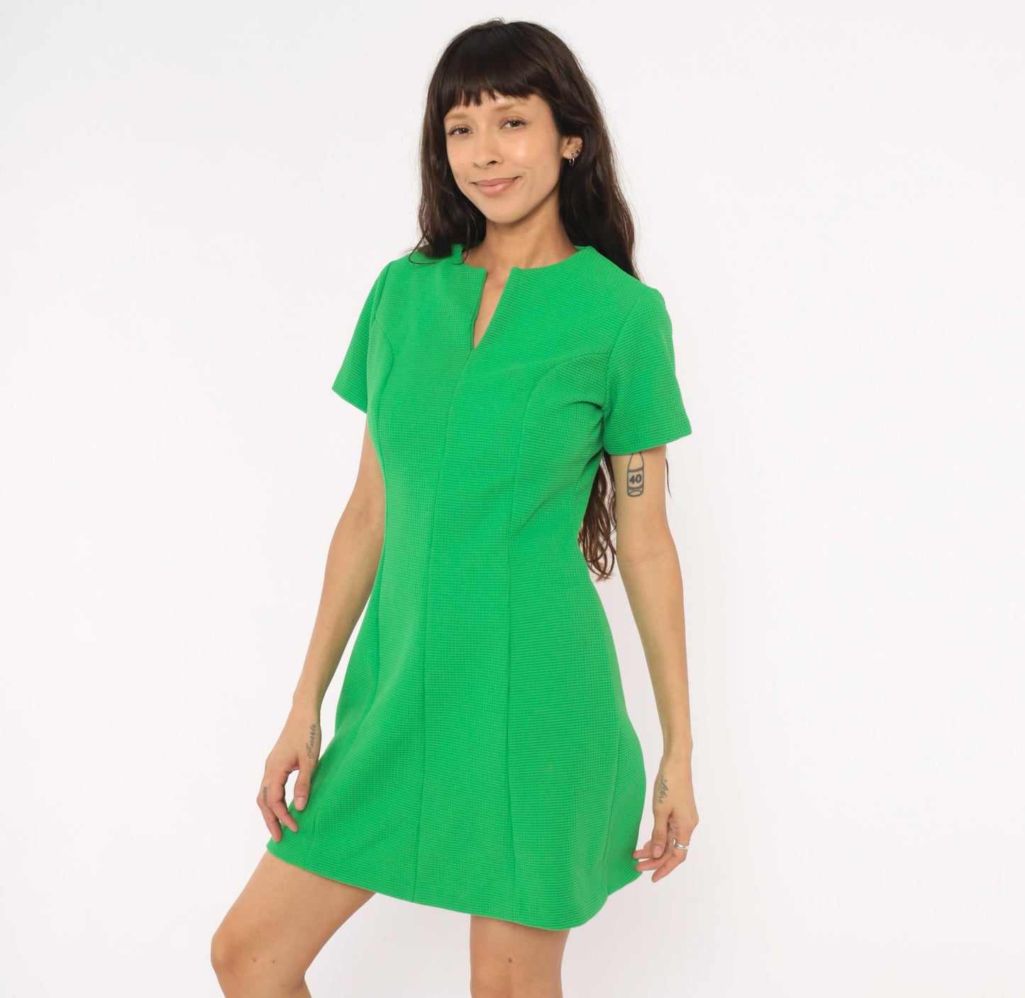 60s Sears Mod Mini Dress Green Shift Waffle Knit Fitted Waist Medium