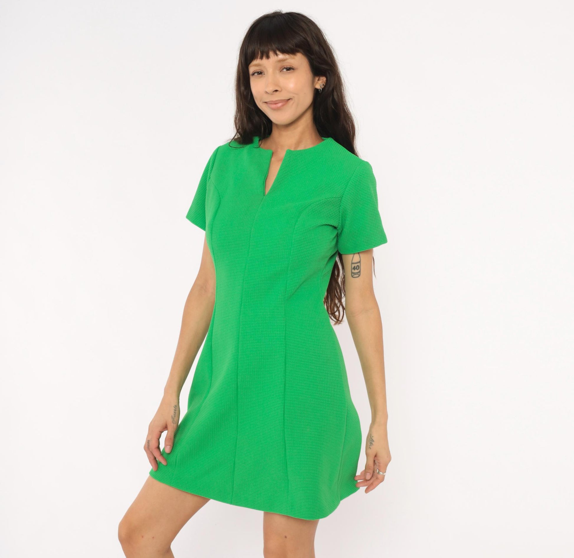 60s Sears Mod Mini Dress Green Shift Waffle Knit Fitted Waist Medium