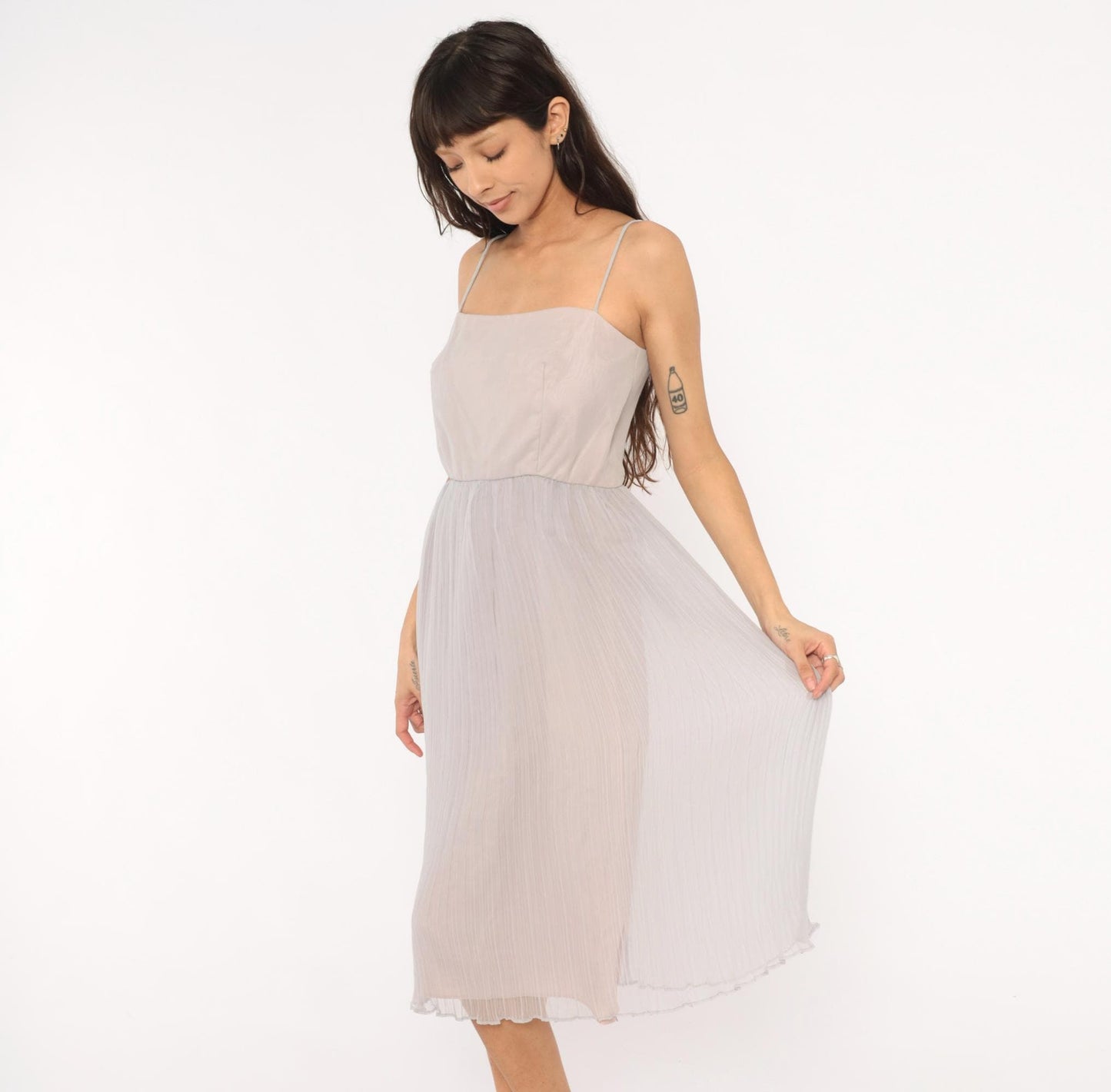 70s Lee Jordan Lavender Midi Dress Square Neck Pleated Chiffon Extra Small XS