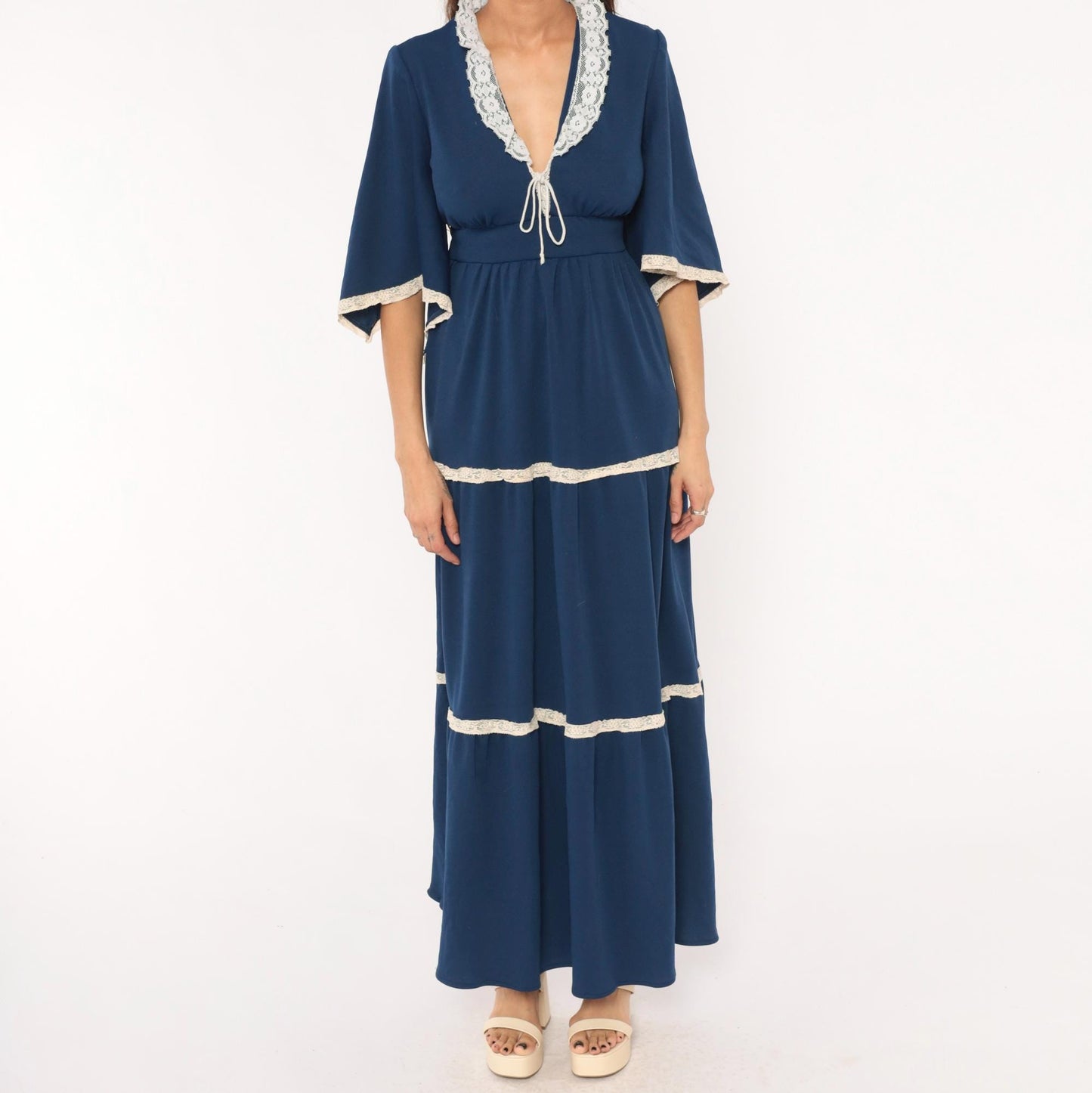 70s Navy Maxi Dress White Lace Trim Bell Sleeve Empire Waist Tiered Skirt Medium