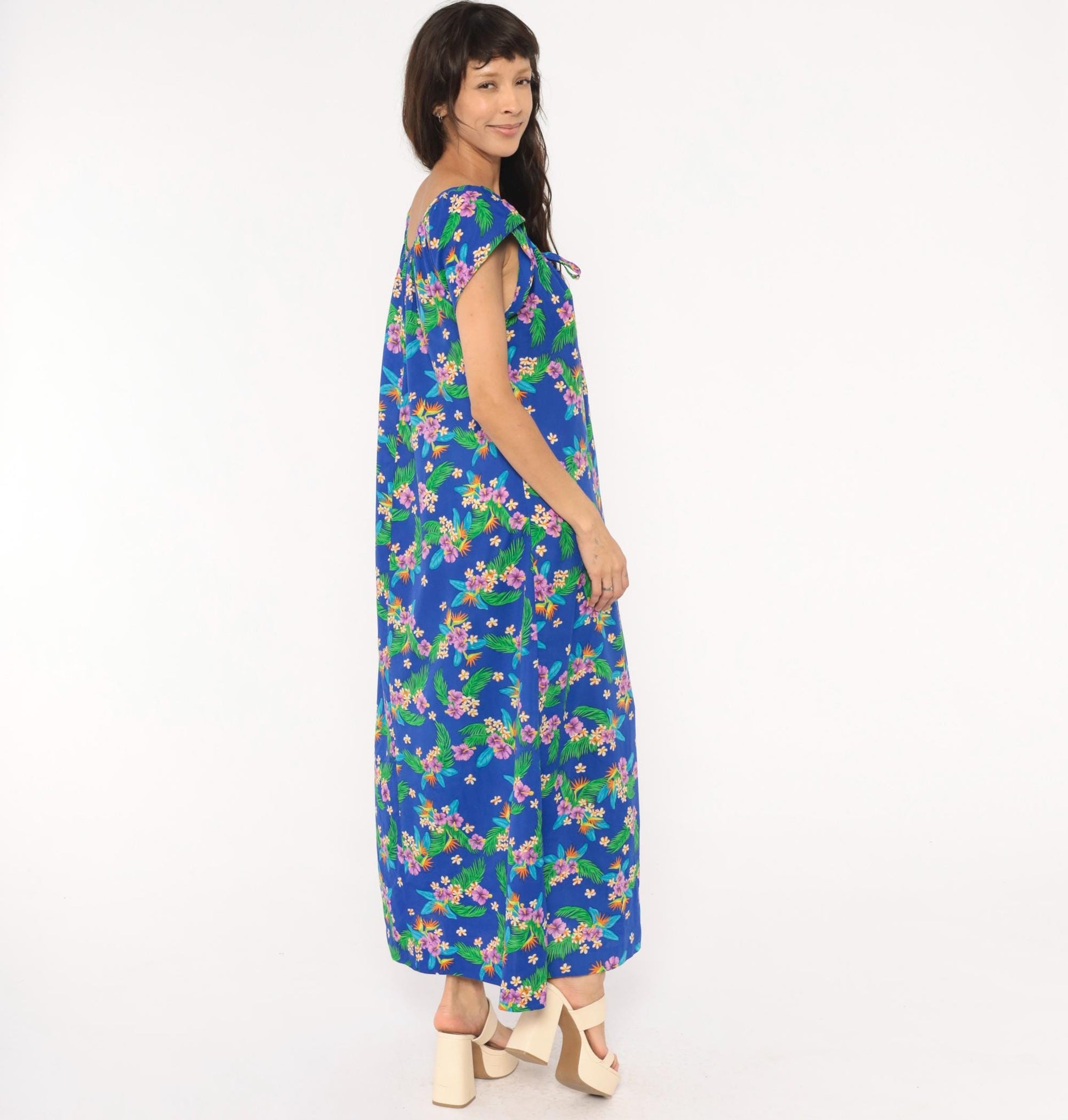 80s Hilo Hatties Hawaiian Maxi Dress Cobalt Blue Floral Palm Leaf Medium