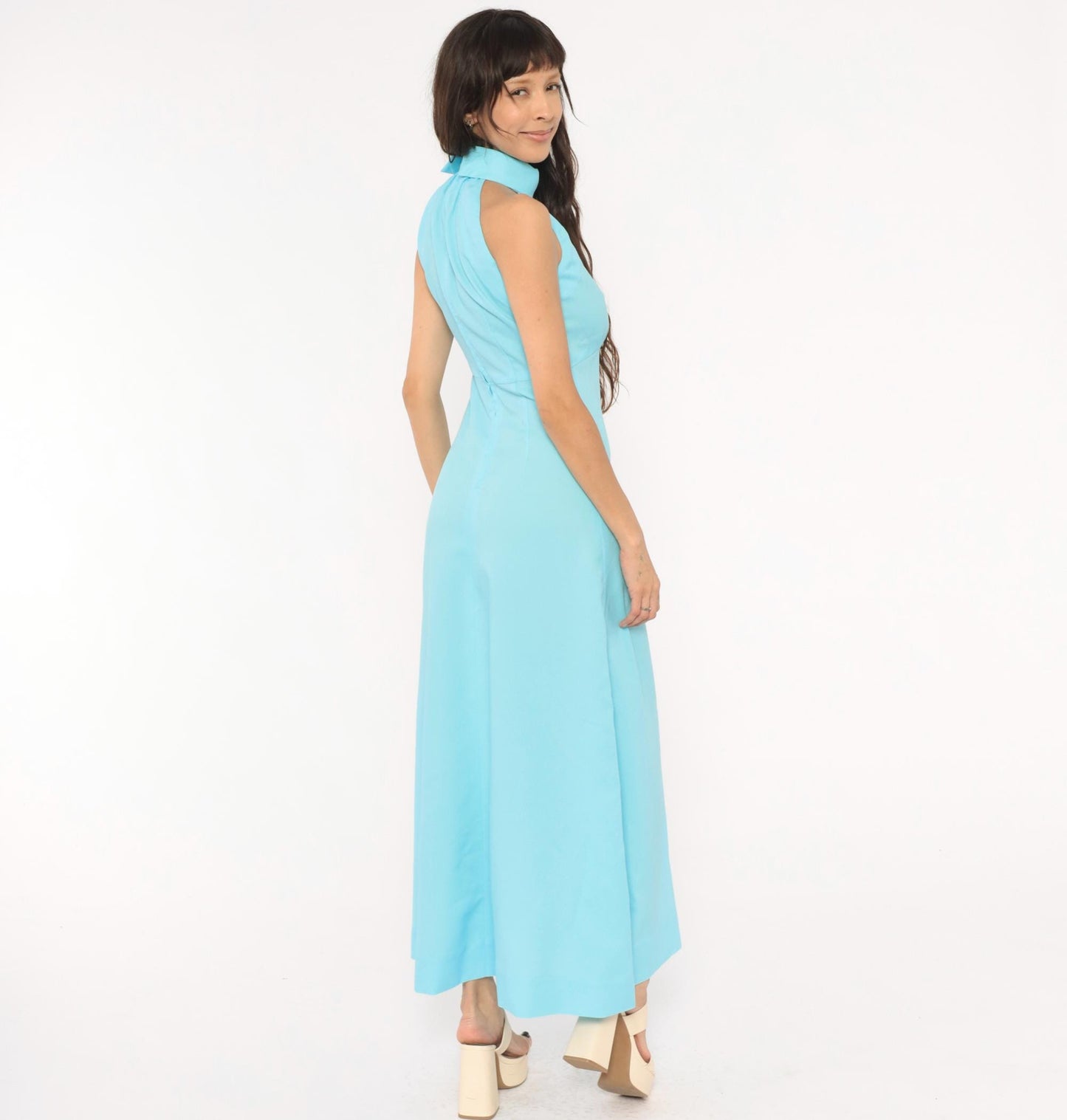 70s Sky Blue Halter Maxi Dress High Neck Sleeveless A-Line Small
