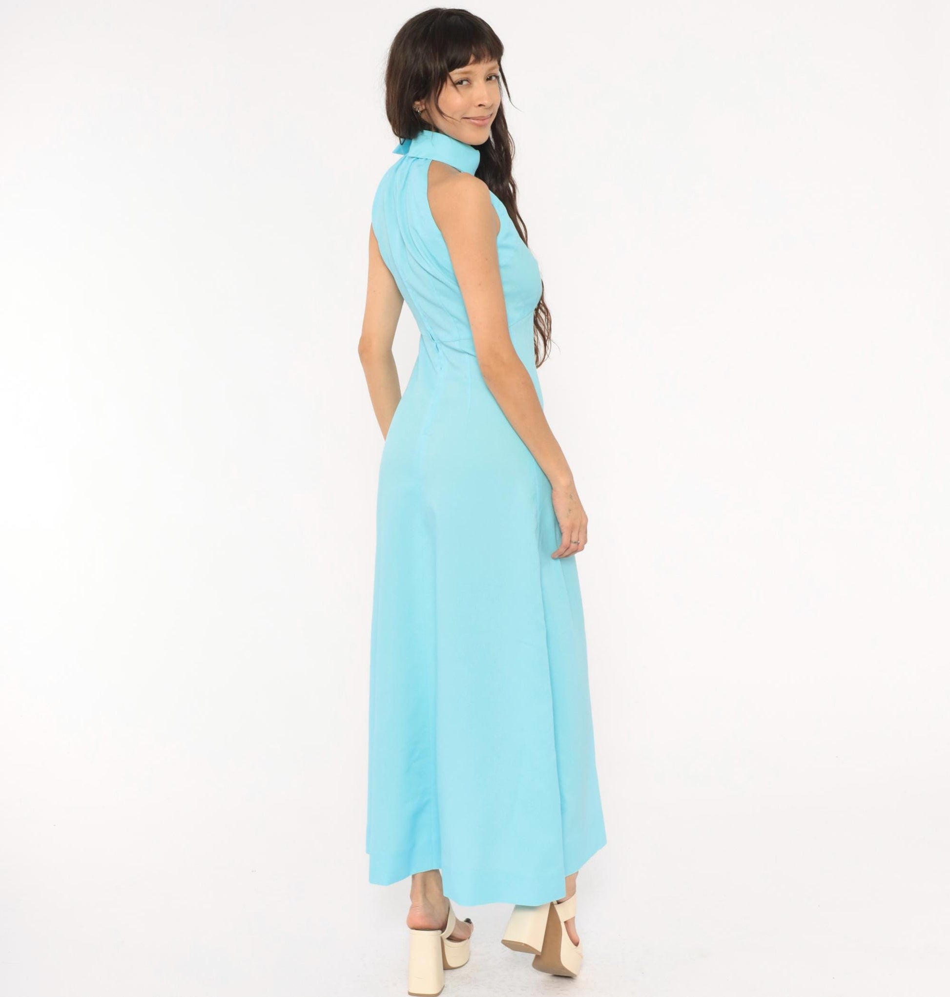 70s Sky Blue Halter Maxi Dress High Neck Sleeveless A-Line Small