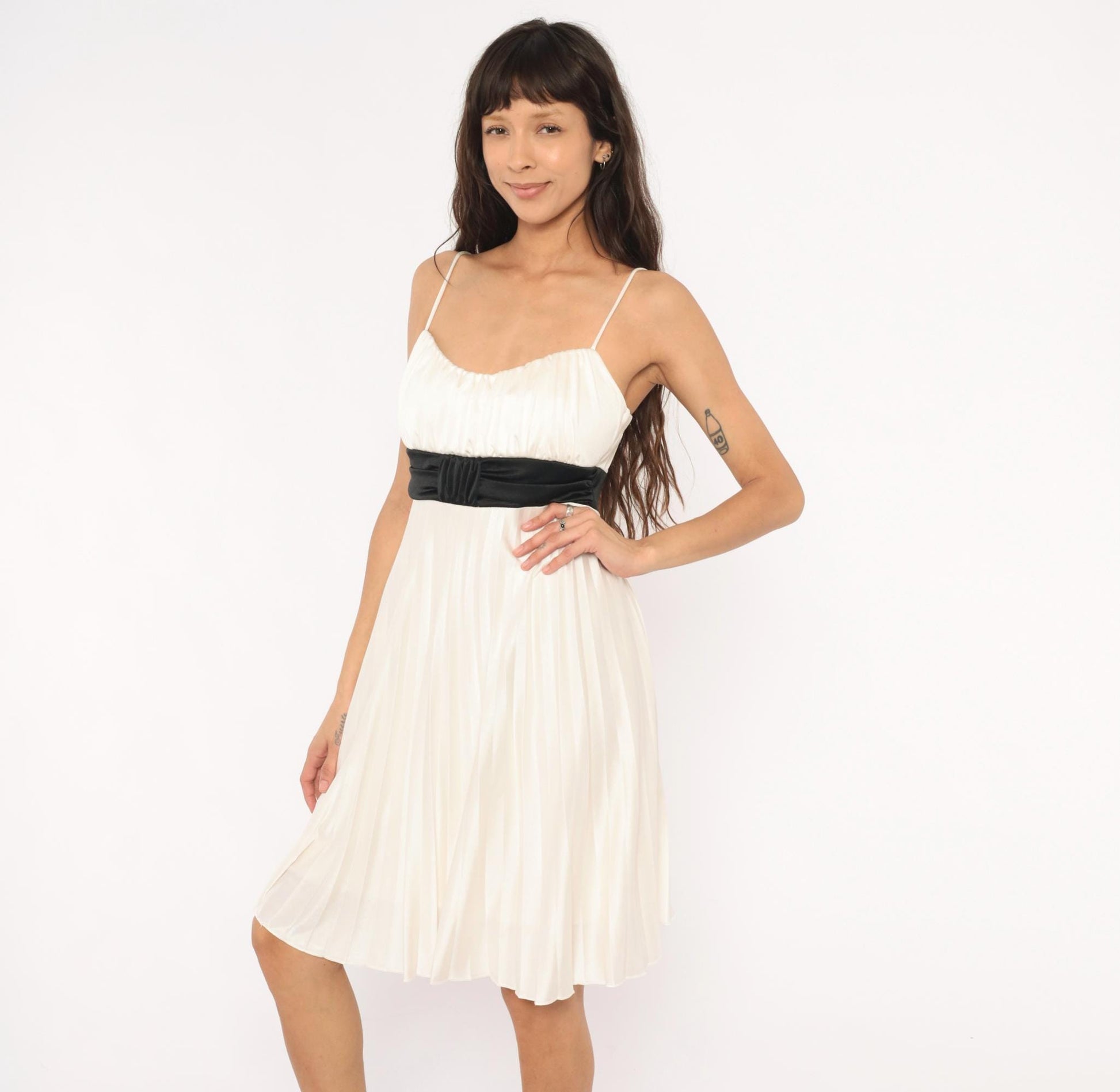 Y2K Charlotte Russe Pleated Babydoll Dress Ivory Spaghetti Strap Empire Waist Large L