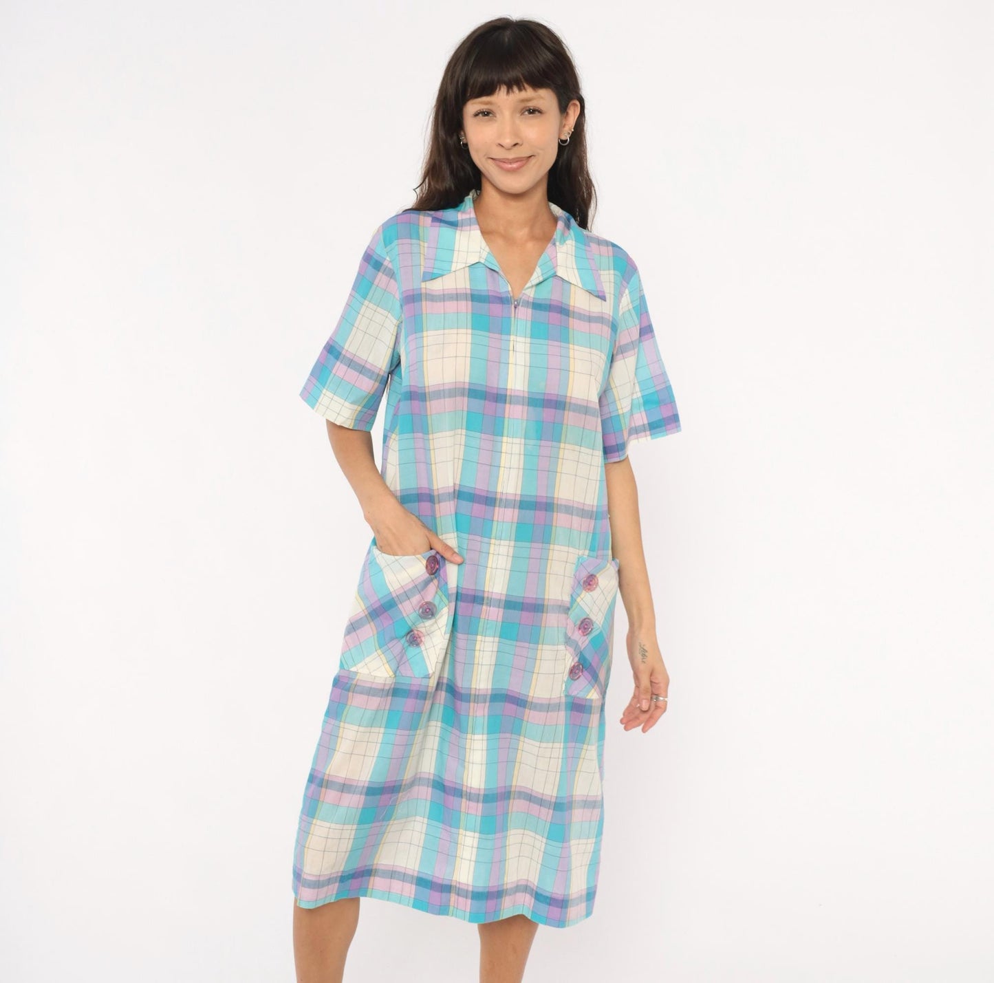 70s Pastel Plaid Zip-Front Housecoat Shift Dress Aqua Purple Knee Length Extra Large