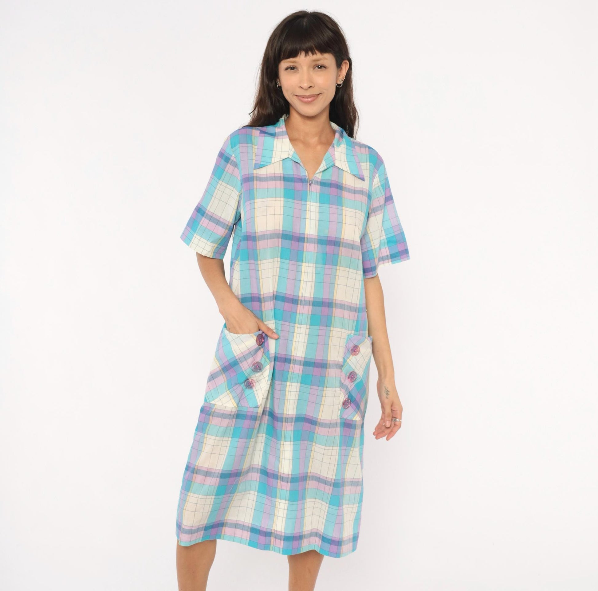 70s Pastel Plaid Zip-Front Housecoat Shift Dress Aqua Purple Knee Length Extra Large