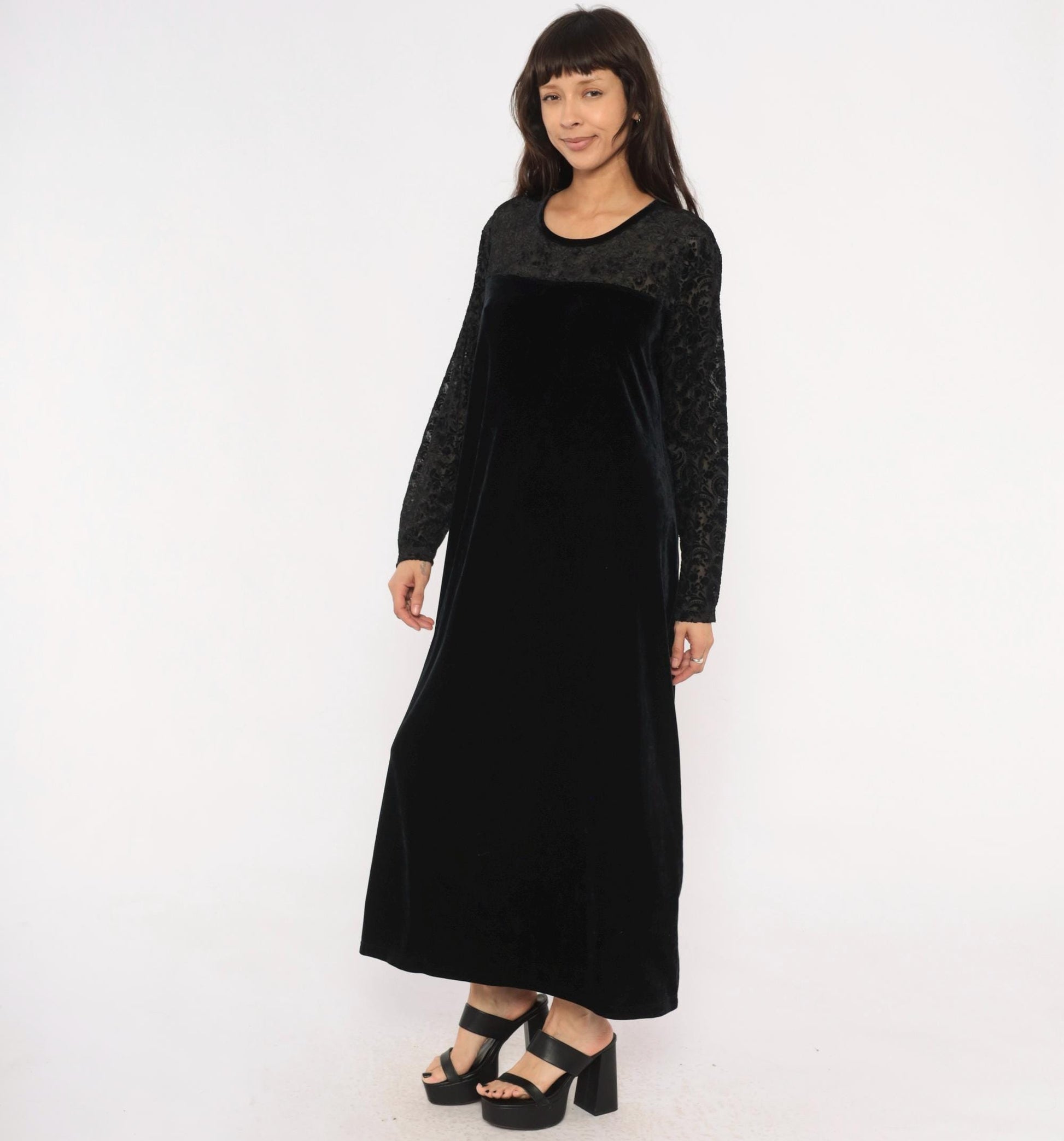 90s Jacqueline Ferrar Black Velvet Maxi Dress Lace Sleeve Gothic Gown Extra Extra Large XXL