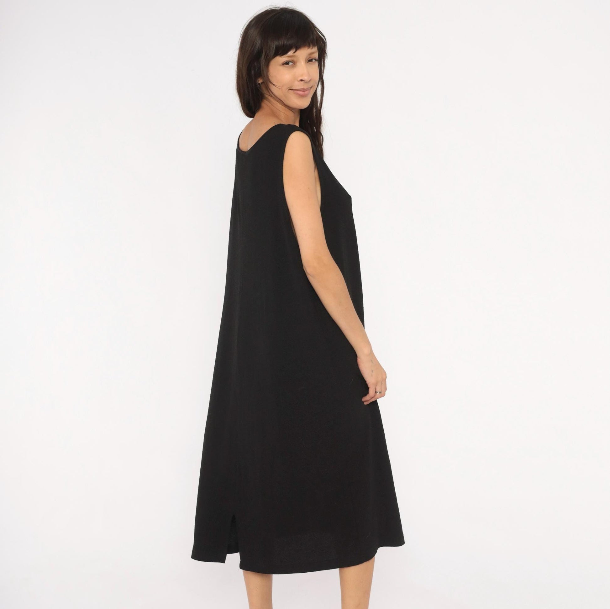 90s Dana Kay Black Sleeveless Midi Dress Scoop Neck Column Extra Large