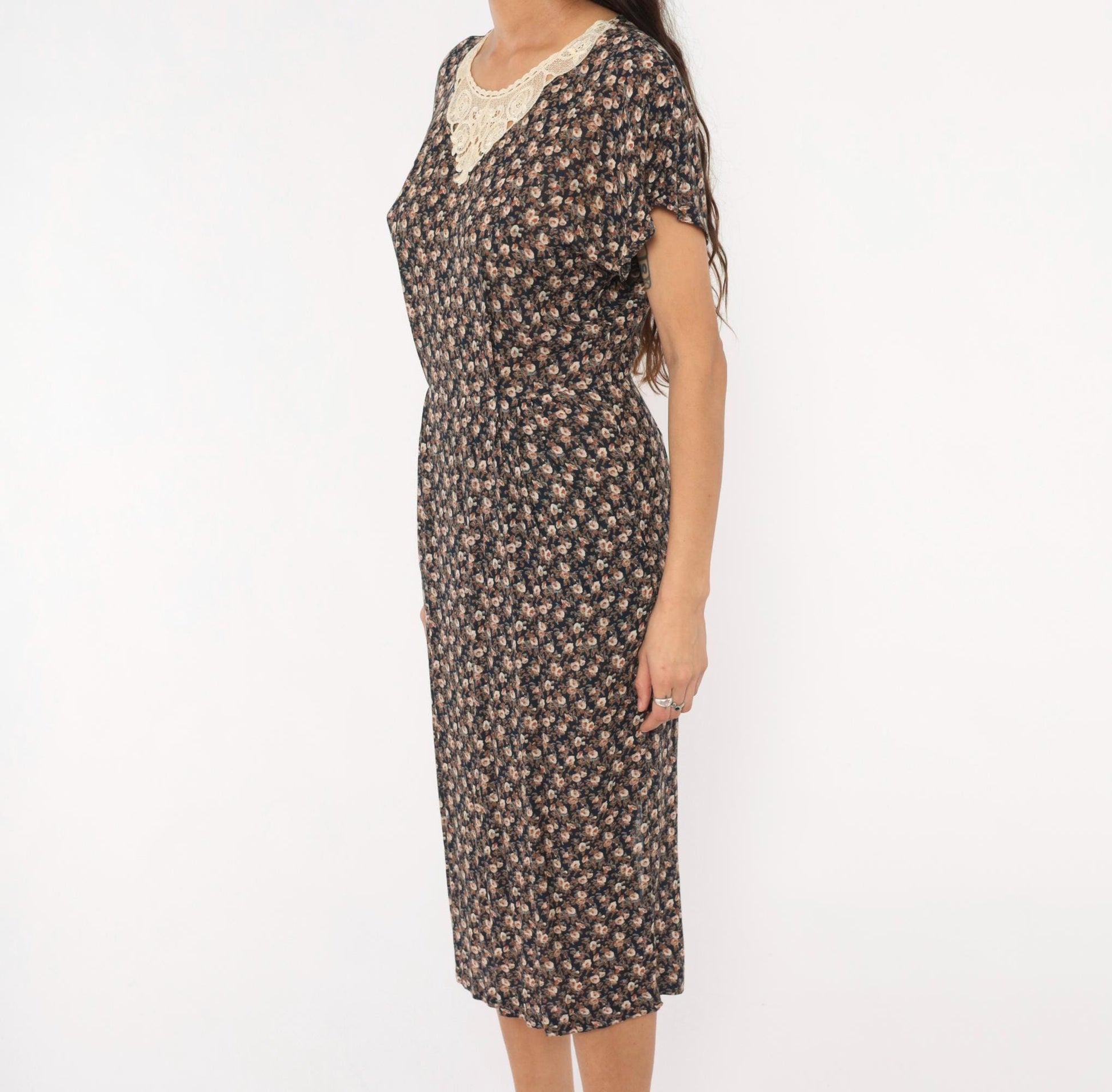 90s E.D. Michaels Navy Ditsy Floral Midi Dress Crochet Collar Small