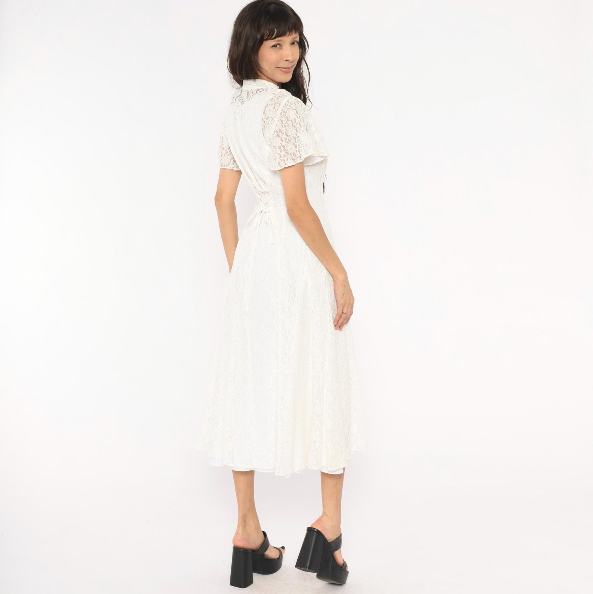 90s Jody White Lace Midi Dress Heart Cutout Mandarin Collar Small