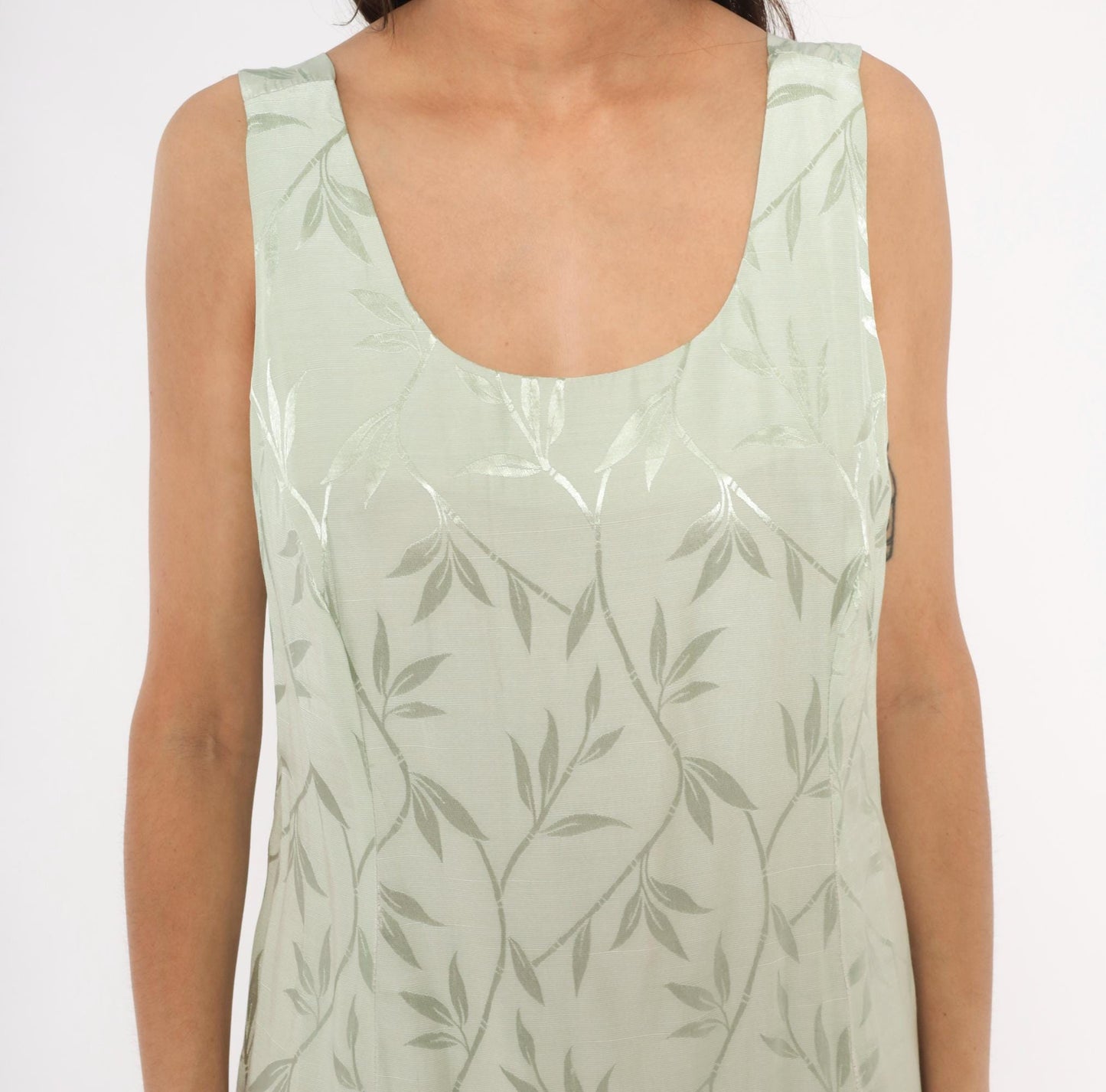90s Sage Green Leaf Print Maxi Dress Sleeveless Scoop Neck Column Slit Ankle Large L