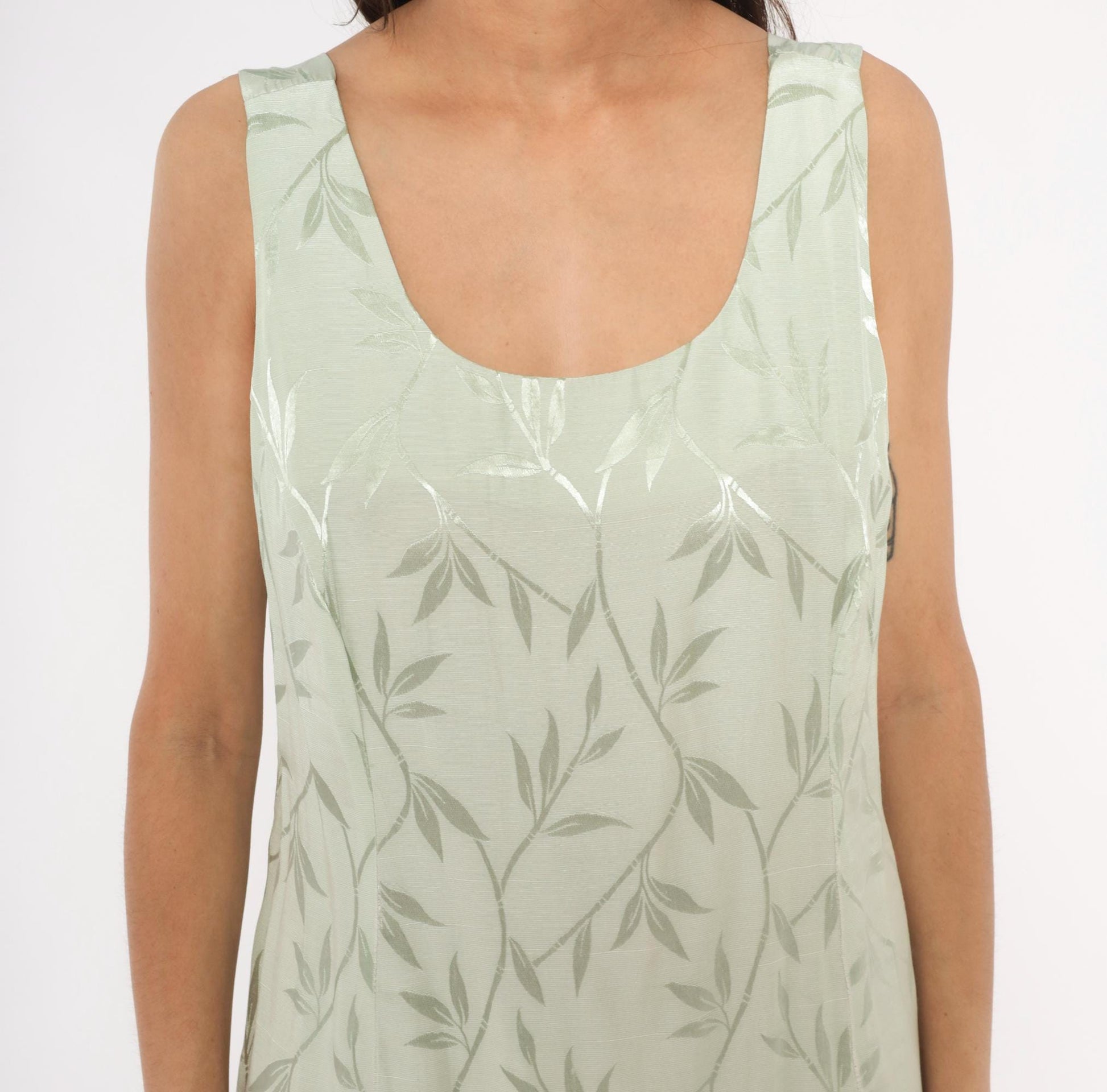 90s Sage Green Leaf Print Maxi Dress Sleeveless Scoop Neck Column Slit Ankle Large L