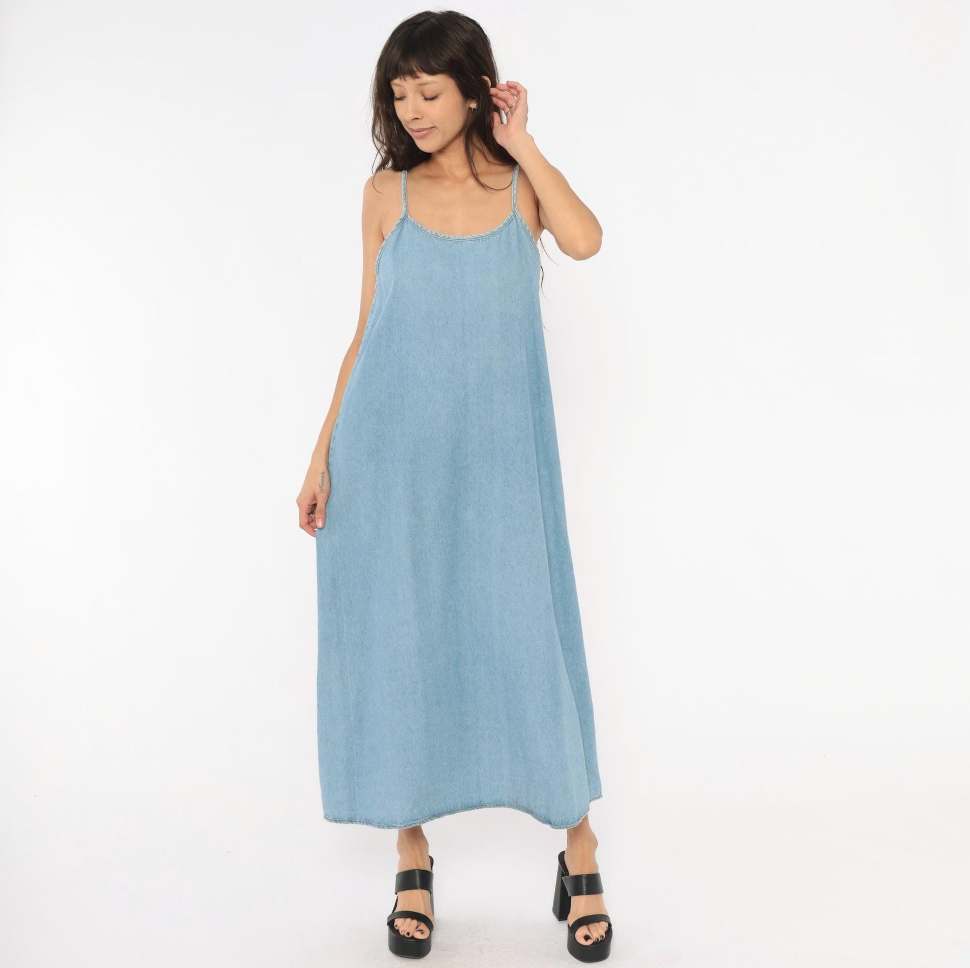 90s Kathie Lee Light Wash Denim Maxi Slip Dress Spaghetti Strap Medium