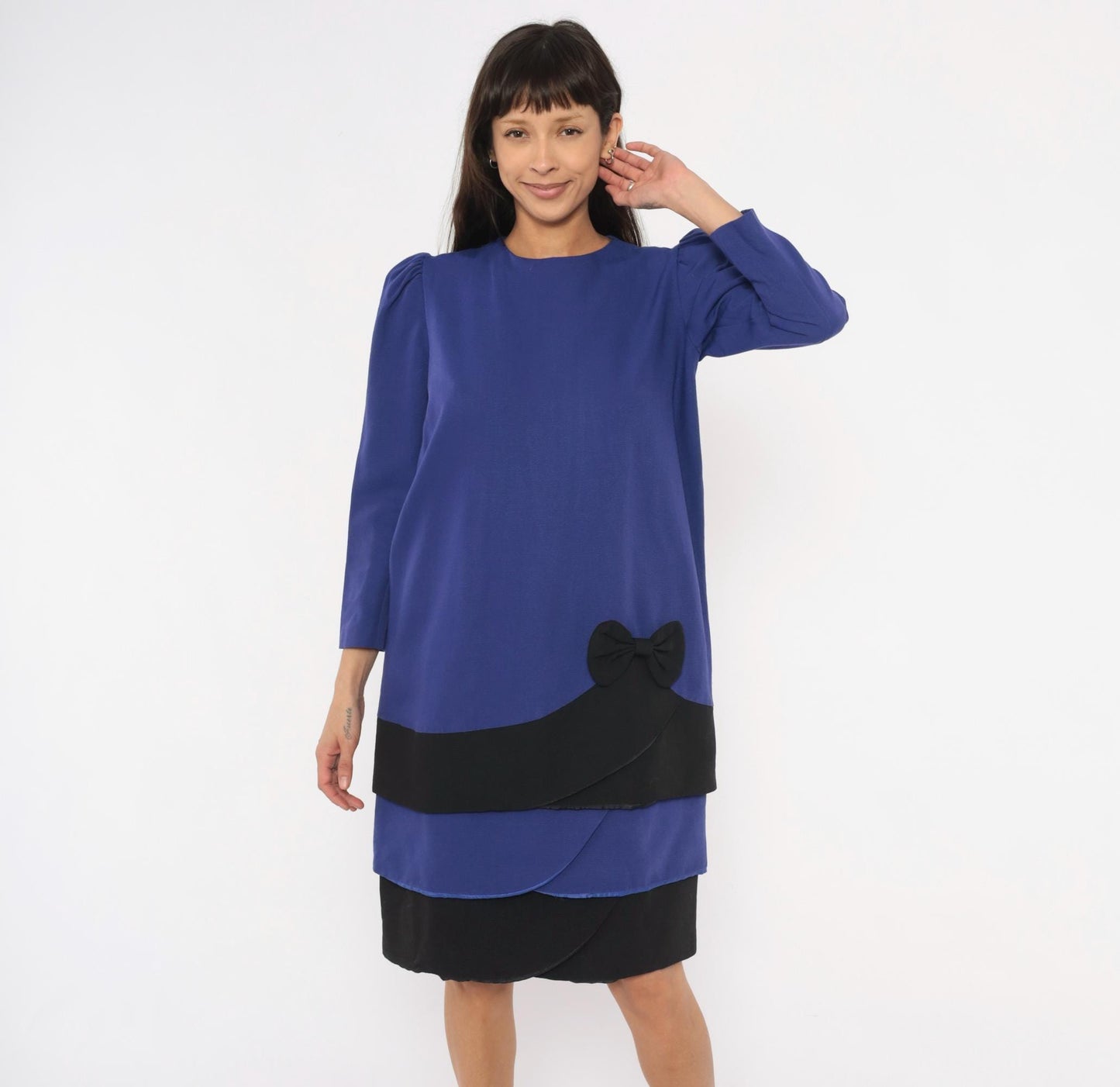 90s A Pea In The Pod Puff Sleeve Dress Purple Black Bow Knee Length Medium