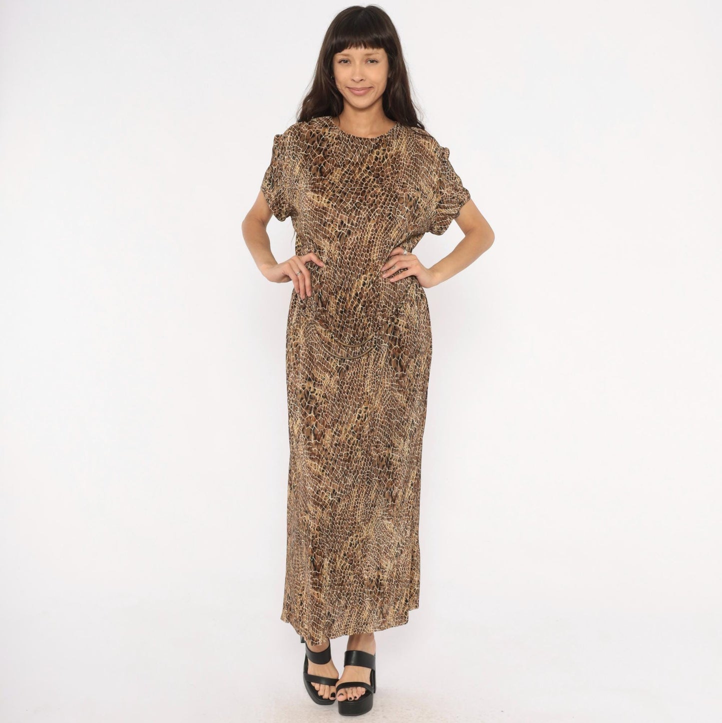 90s Scarlett Snakeskin Maxi Dress Brown Tan Black Animal Print Shift Extra Large