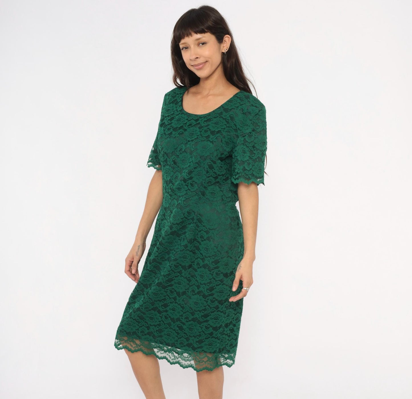 90s My Michelle Emerald Lace Dress Scalloped Hem Short Sleeve Knee-Length Extra Large